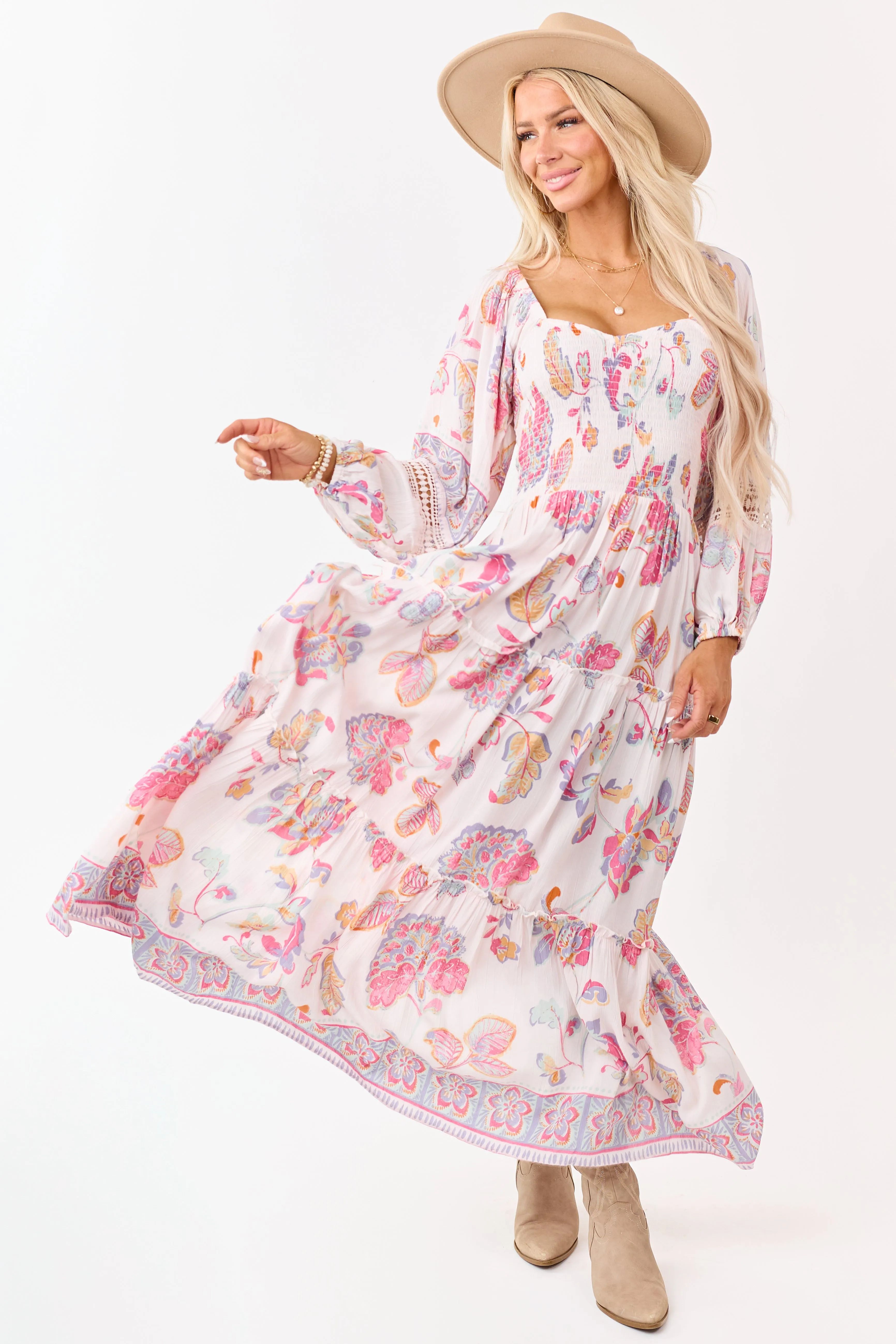 Blush Floral Print Long Sleeve Tiered Maxi Dress sold by Lime Lush product image thumbnail 2