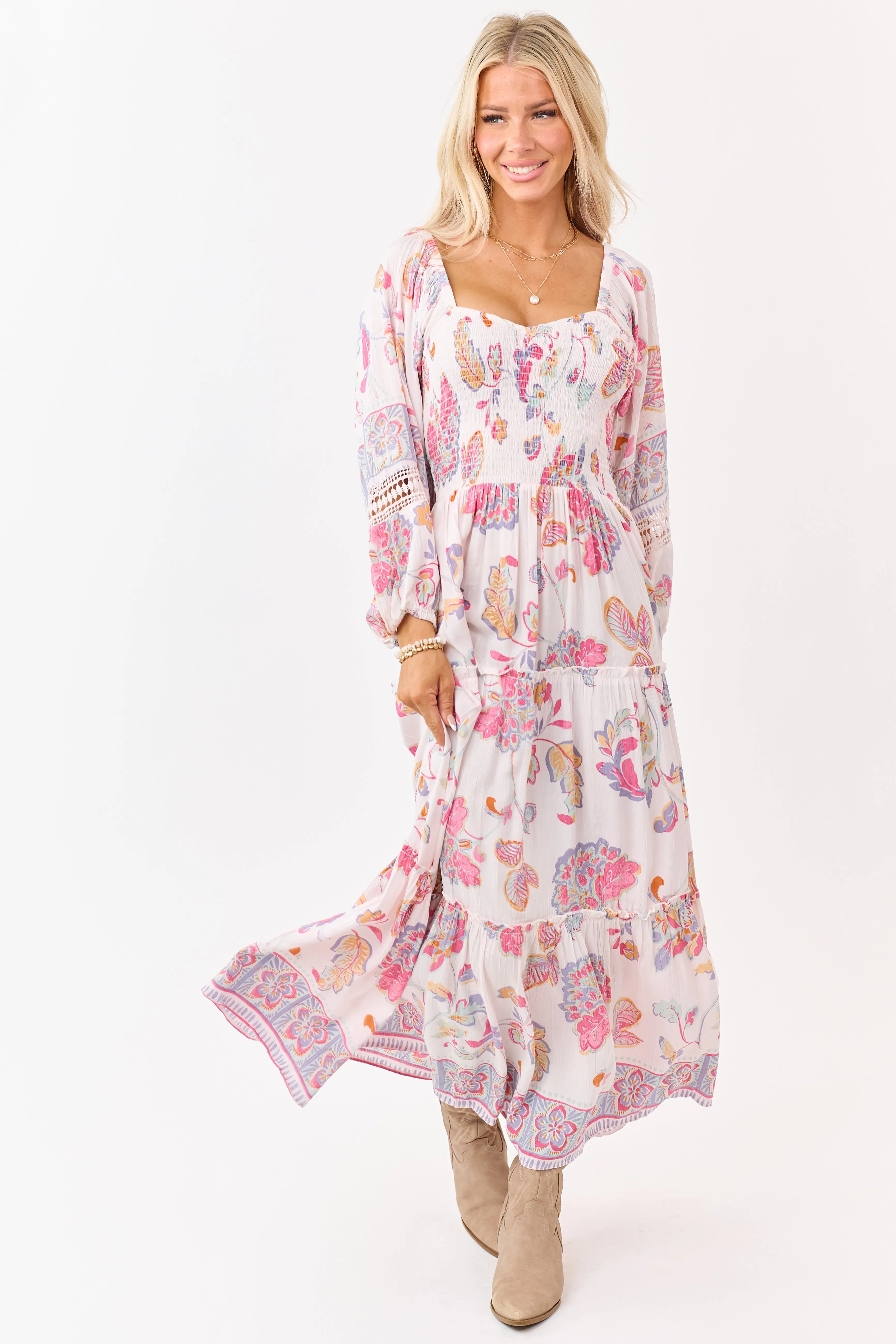 Blush Floral Print Long Sleeve Tiered Maxi Dress sold by Lime Lush product image thumbnail 3