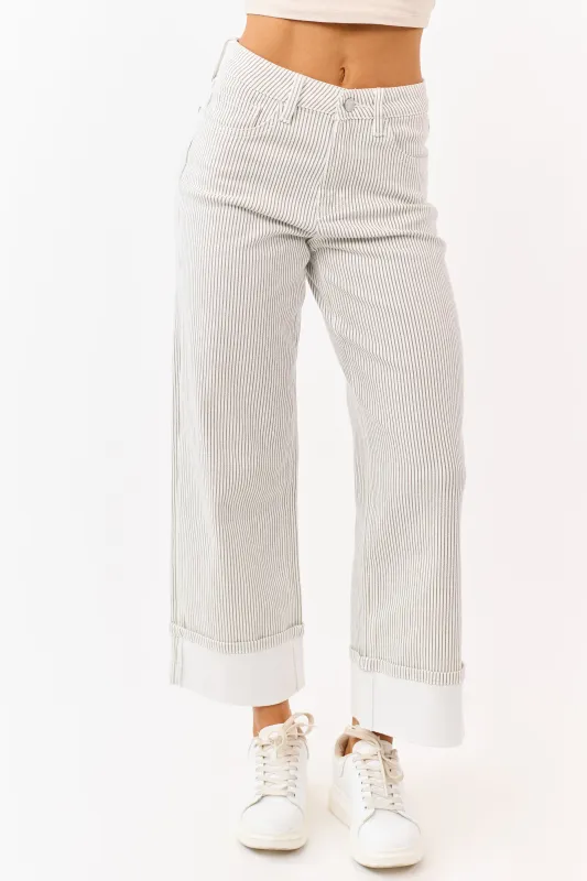 Vervet White Striped Cuffed Wide Leg Stretchy Jeans made by Vervet
