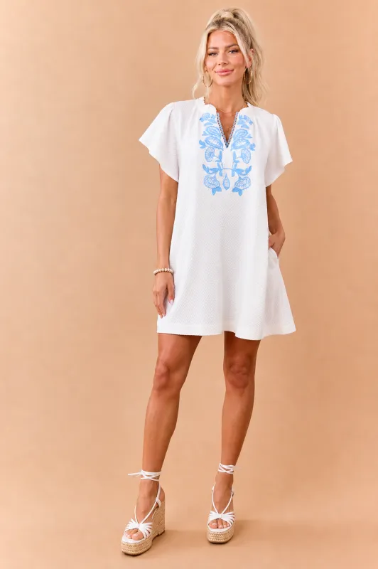 Off White Embroidered V Neck Textured Mini Dress made by Umgee