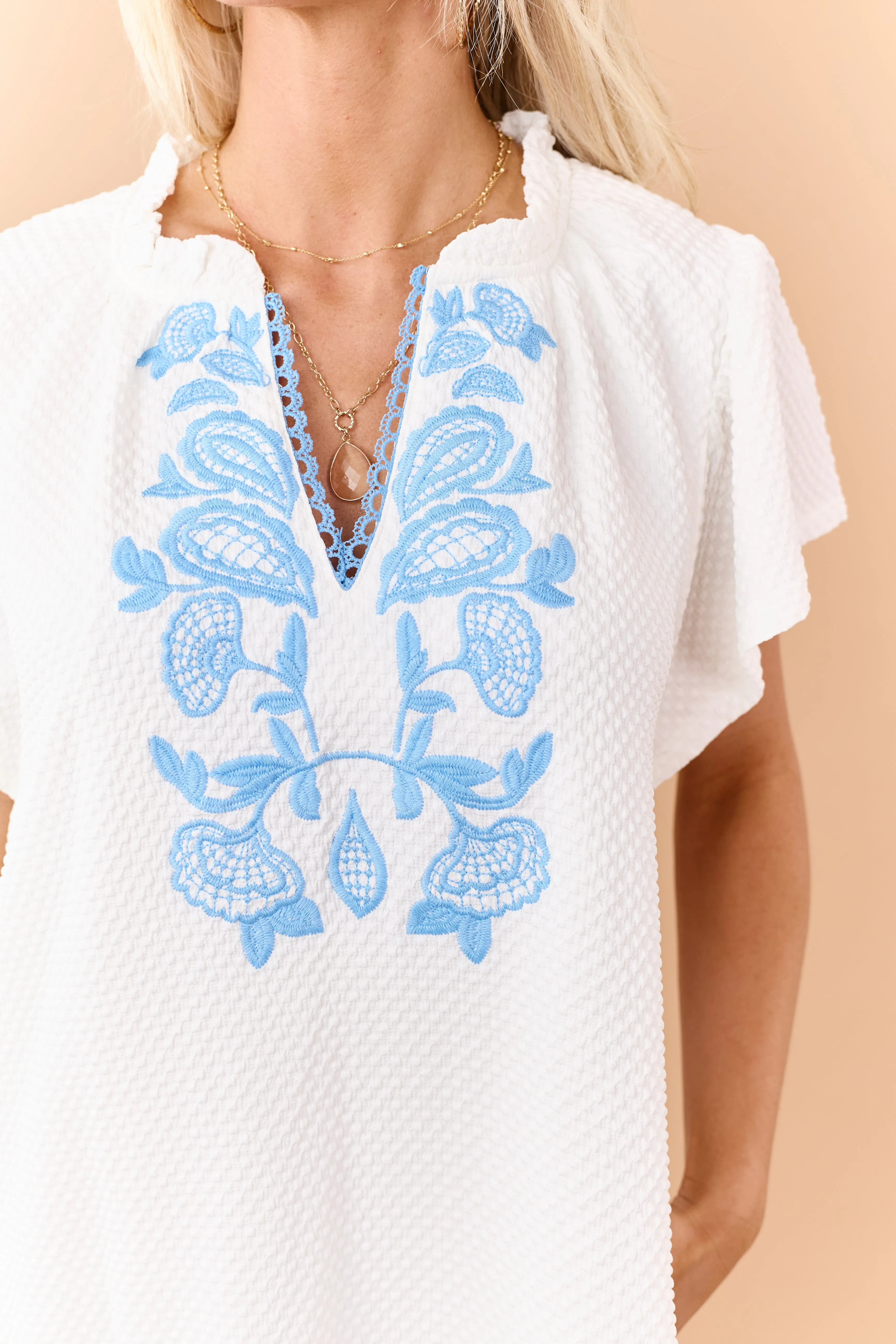 Off White Embroidered V Neck Textured Mini Dress sold by Lime Lush product image thumbnail 2