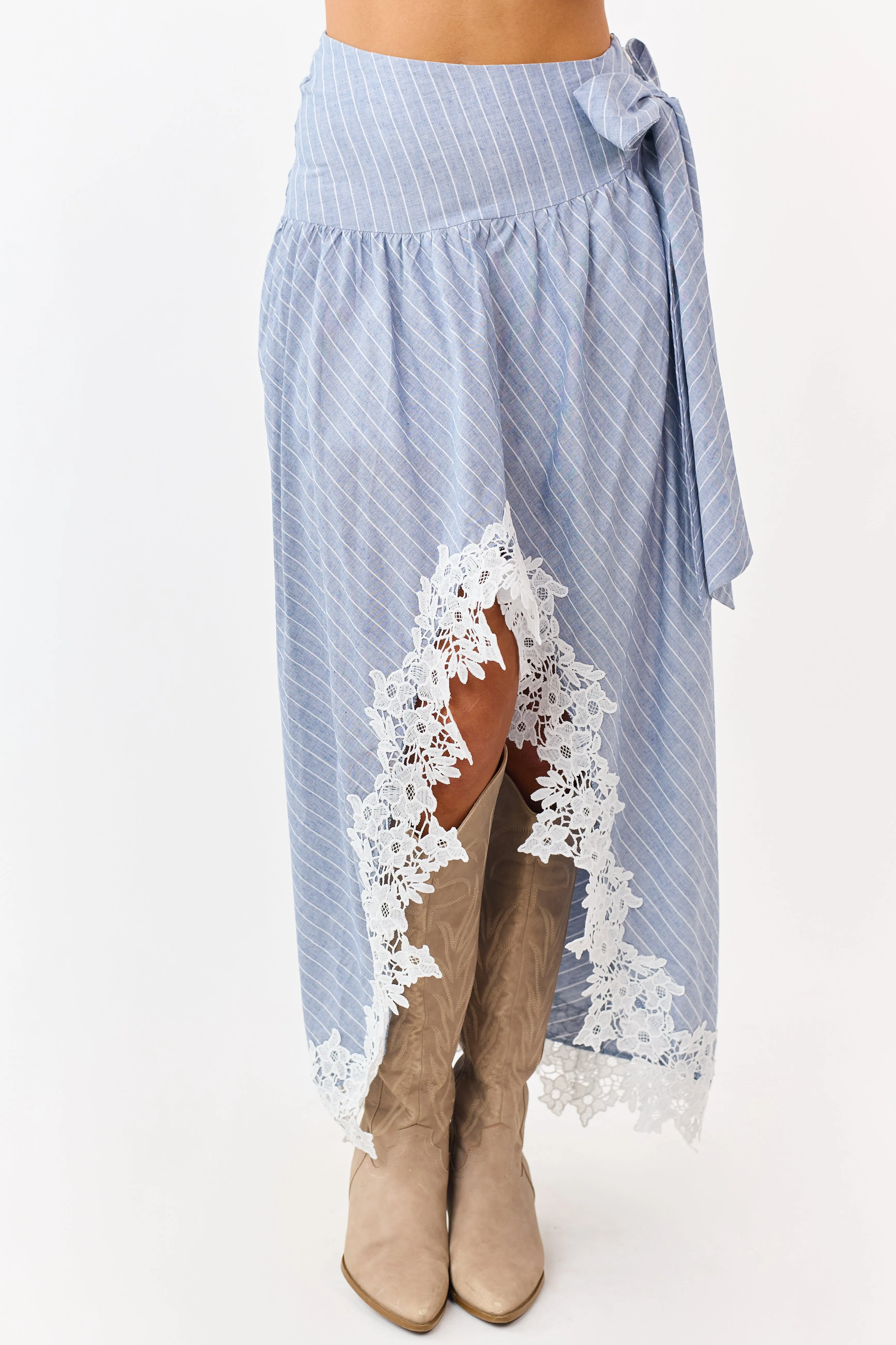 Listicle Slate Blue Striped Lace Trim Cotton Maxi Skirt sold by Lime Lush product image thumbnail 2