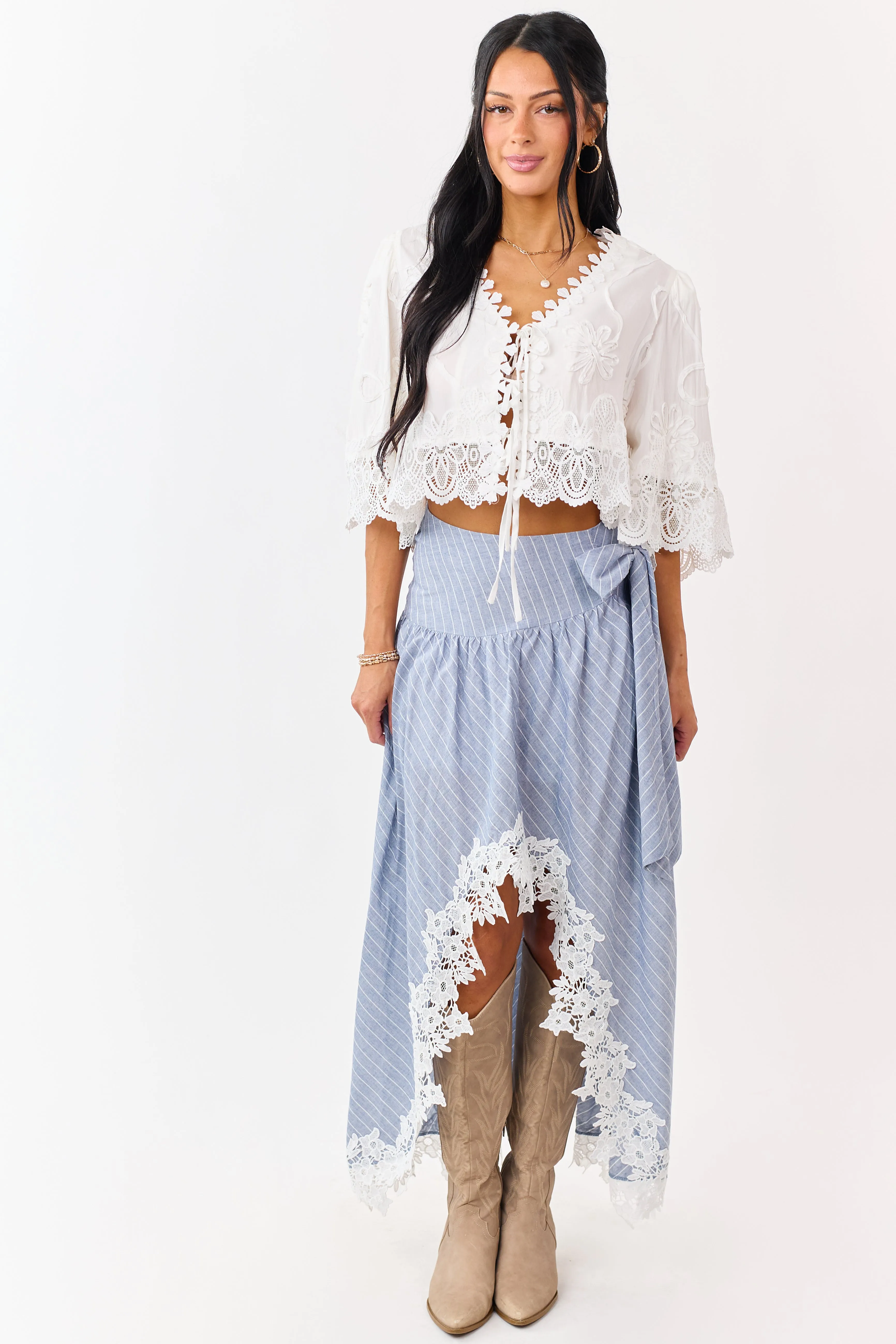 Listicle Slate Blue Striped Lace Trim Cotton Maxi Skirt sold by Lime Lush product image thumbnail 5
