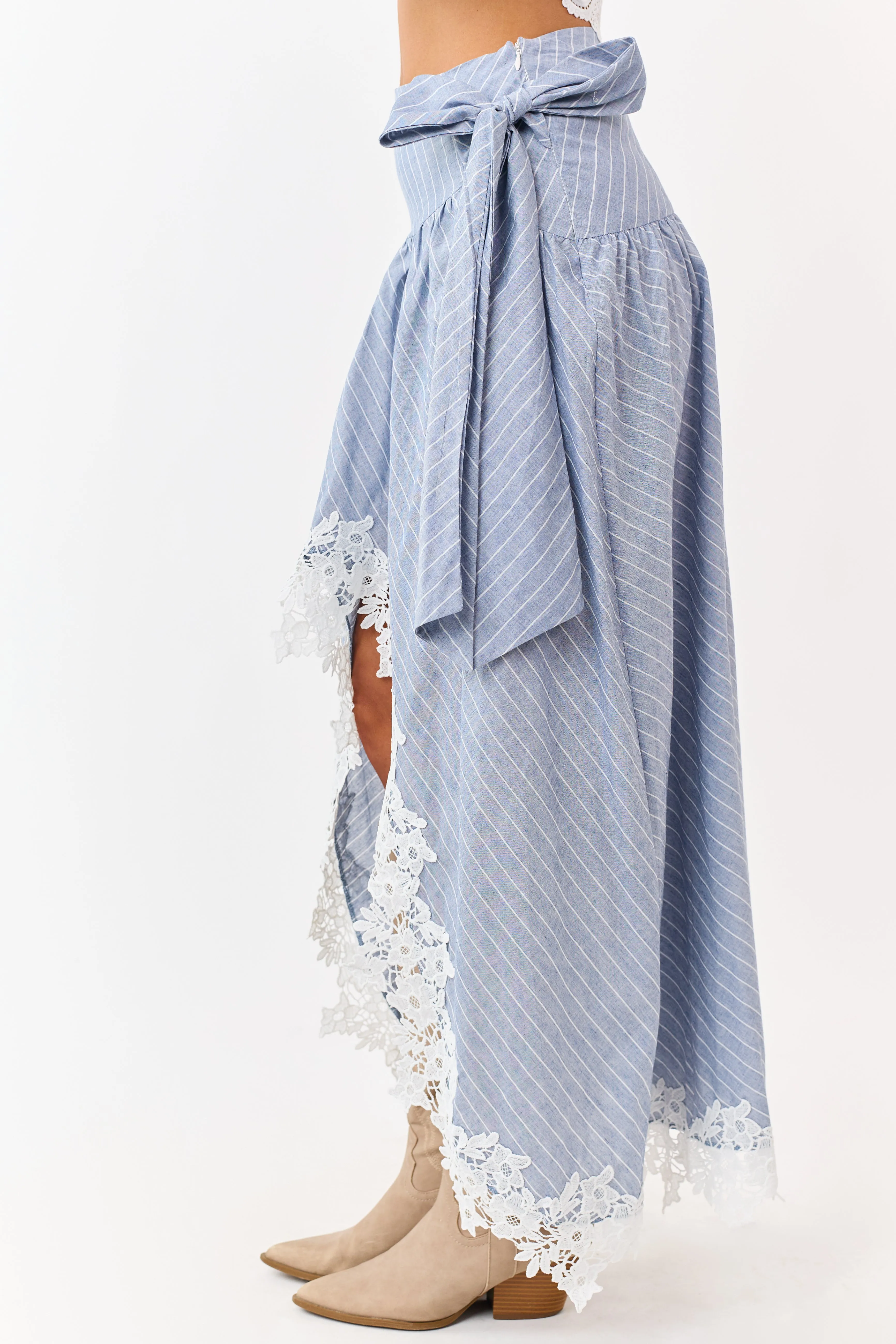 Listicle Slate Blue Striped Lace Trim Cotton Maxi Skirt sold by Lime Lush product image thumbnail 3