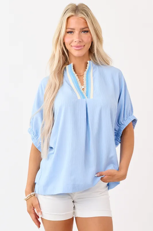 Cornflower Contrast Lace Trim Short Sleeve Top made by Umgee