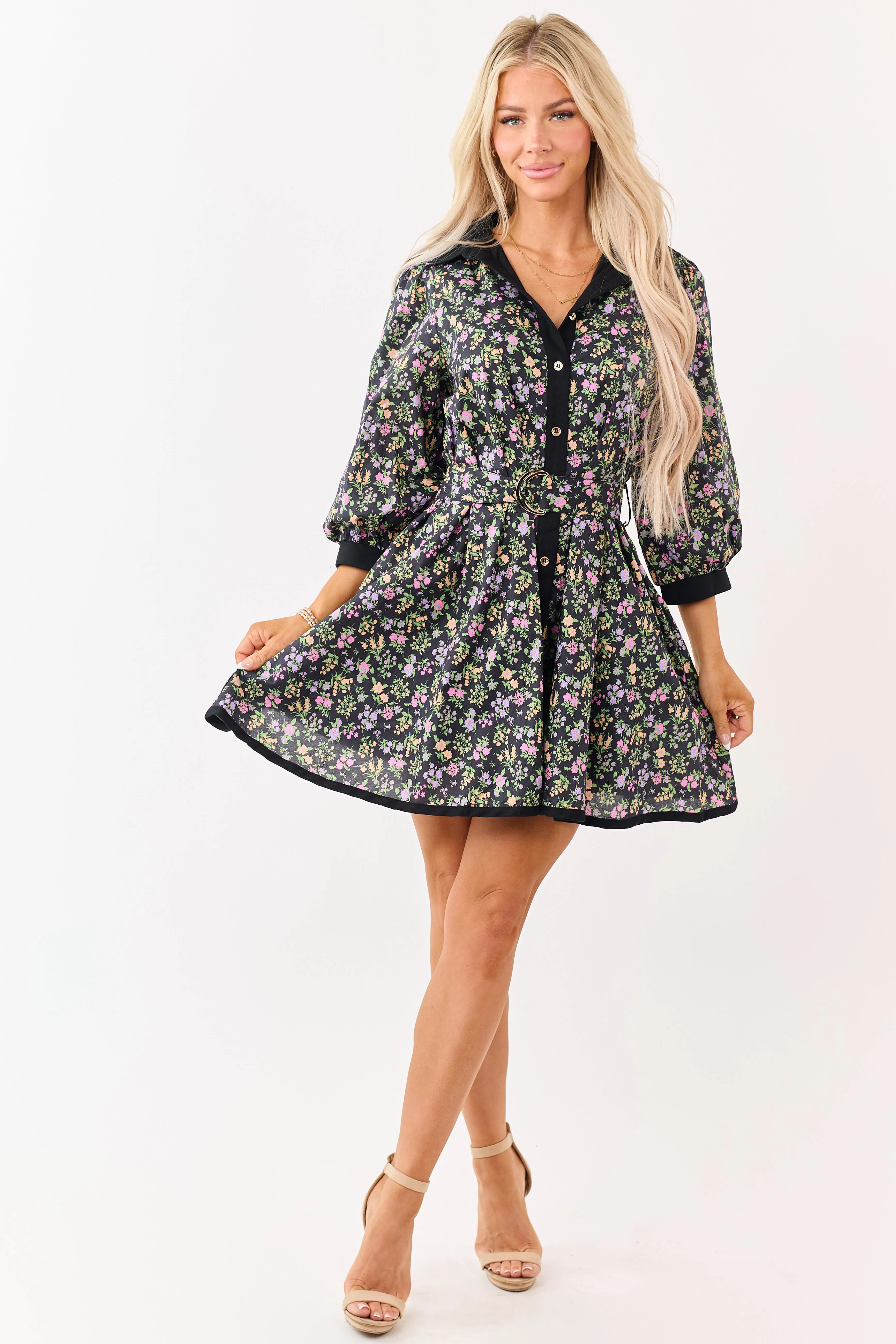 Entro Black Floral Print Cotton Mini Dress sold by Lime Lush product image thumbnail 3