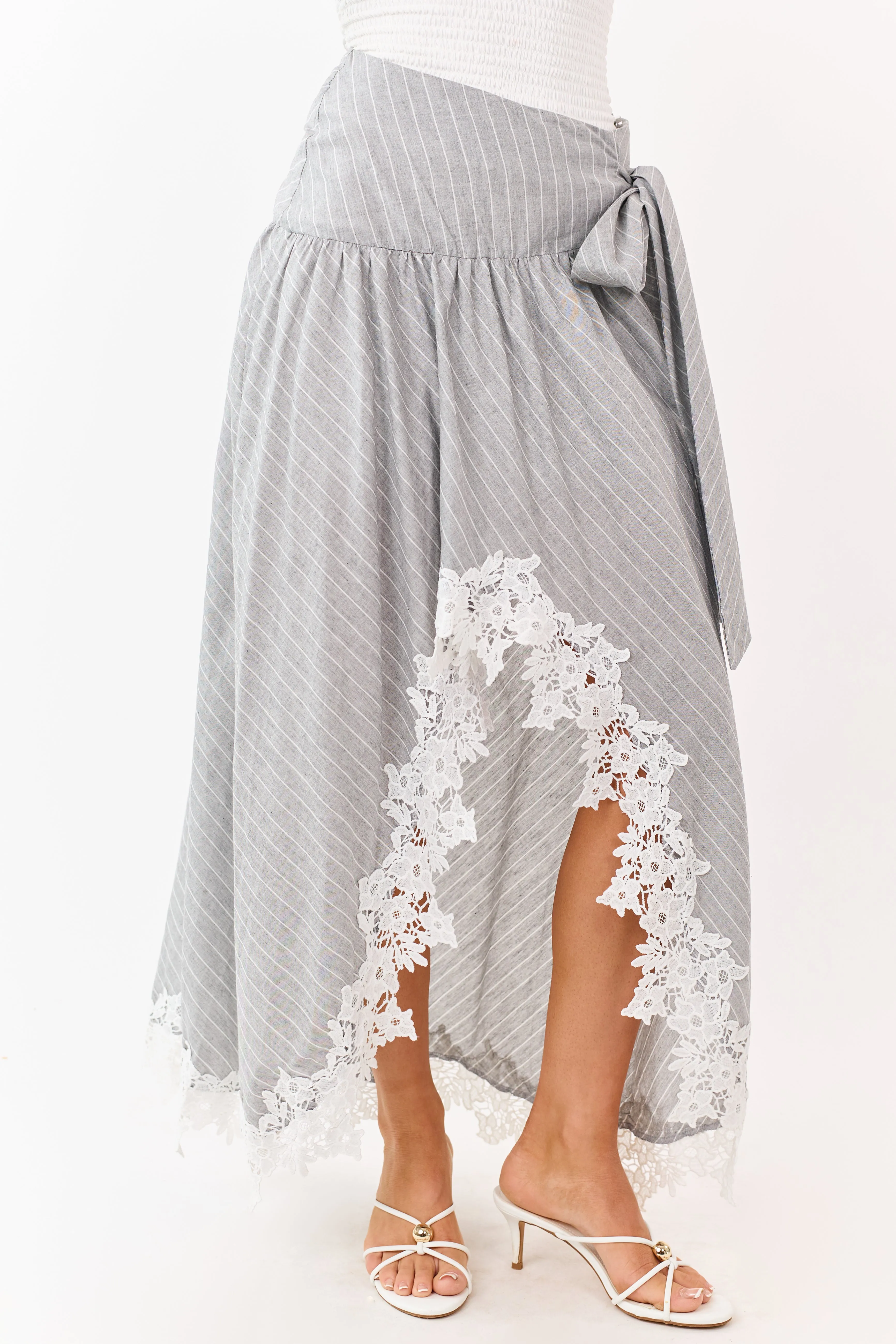 Listicle Heather Grey Striped Lace Trim Cotton Maxi Skirt sold by Lime Lush product image thumbnail 2