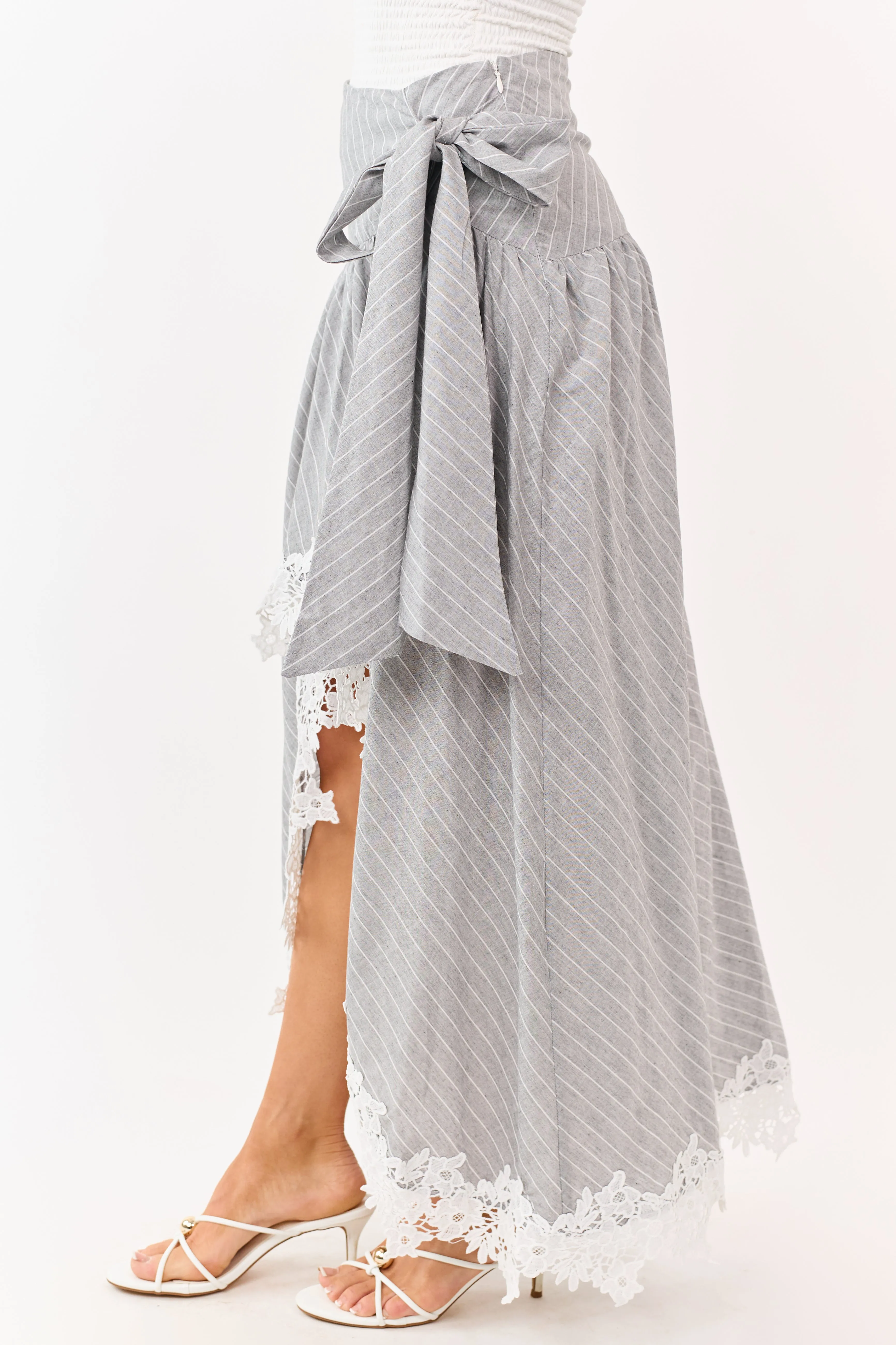 Listicle Heather Grey Striped Lace Trim Cotton Maxi Skirt sold by Lime Lush product image thumbnail 3