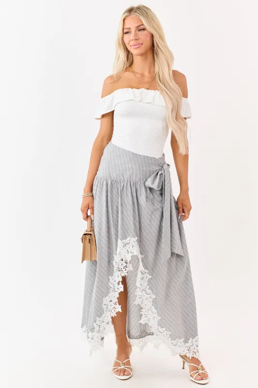Listicle Heather Grey Striped Lace Trim Cotton Maxi Skirt made by Listicle