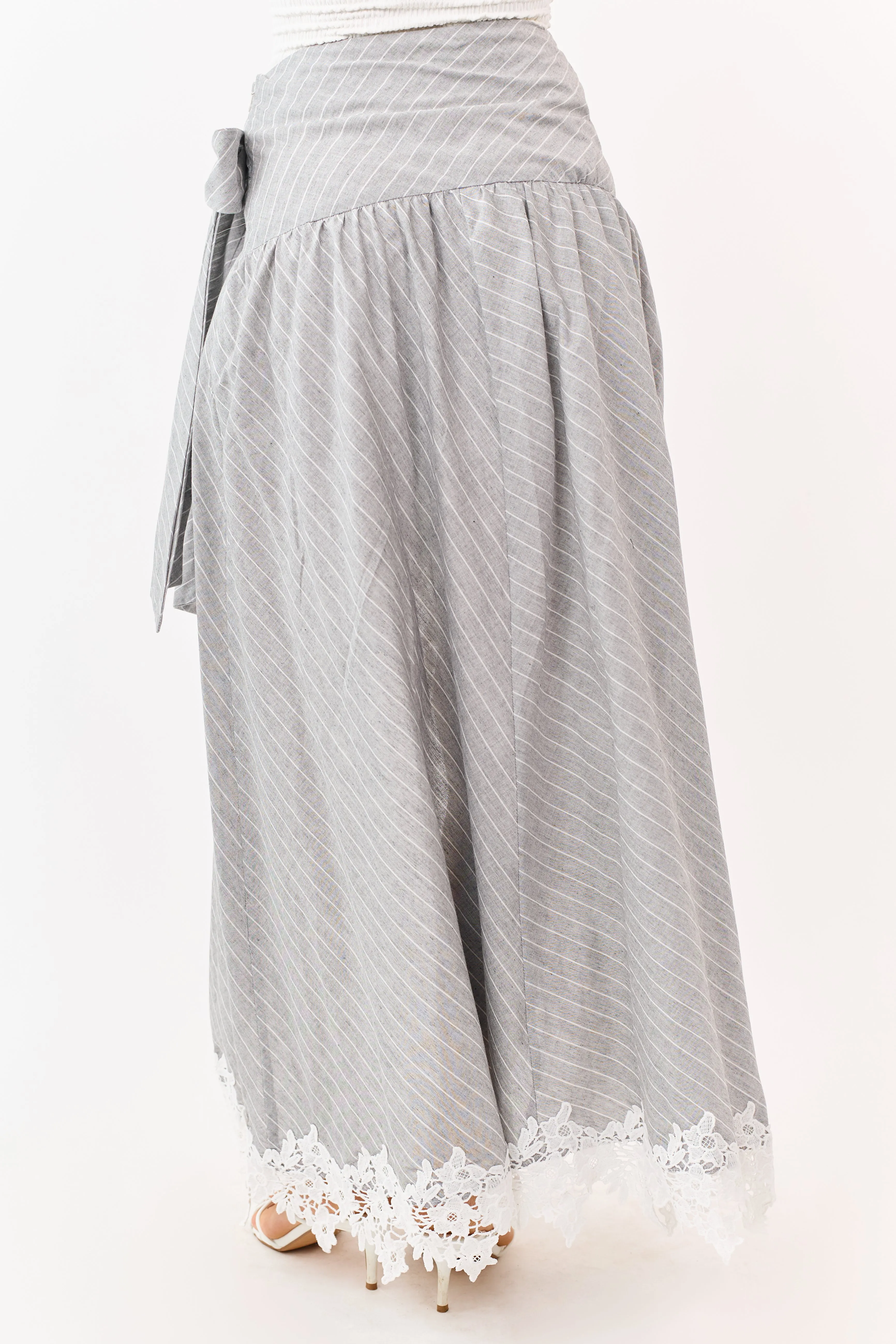 Listicle Heather Grey Striped Lace Trim Cotton Maxi Skirt sold by Lime Lush product image thumbnail 4