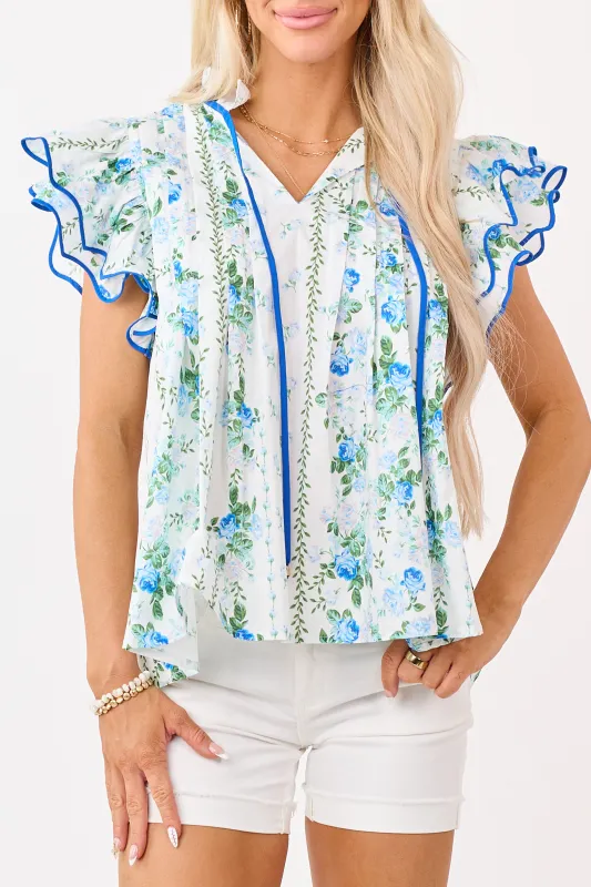 Entro Off White Cotton Floral Ruffle Sleeve Top made by entro