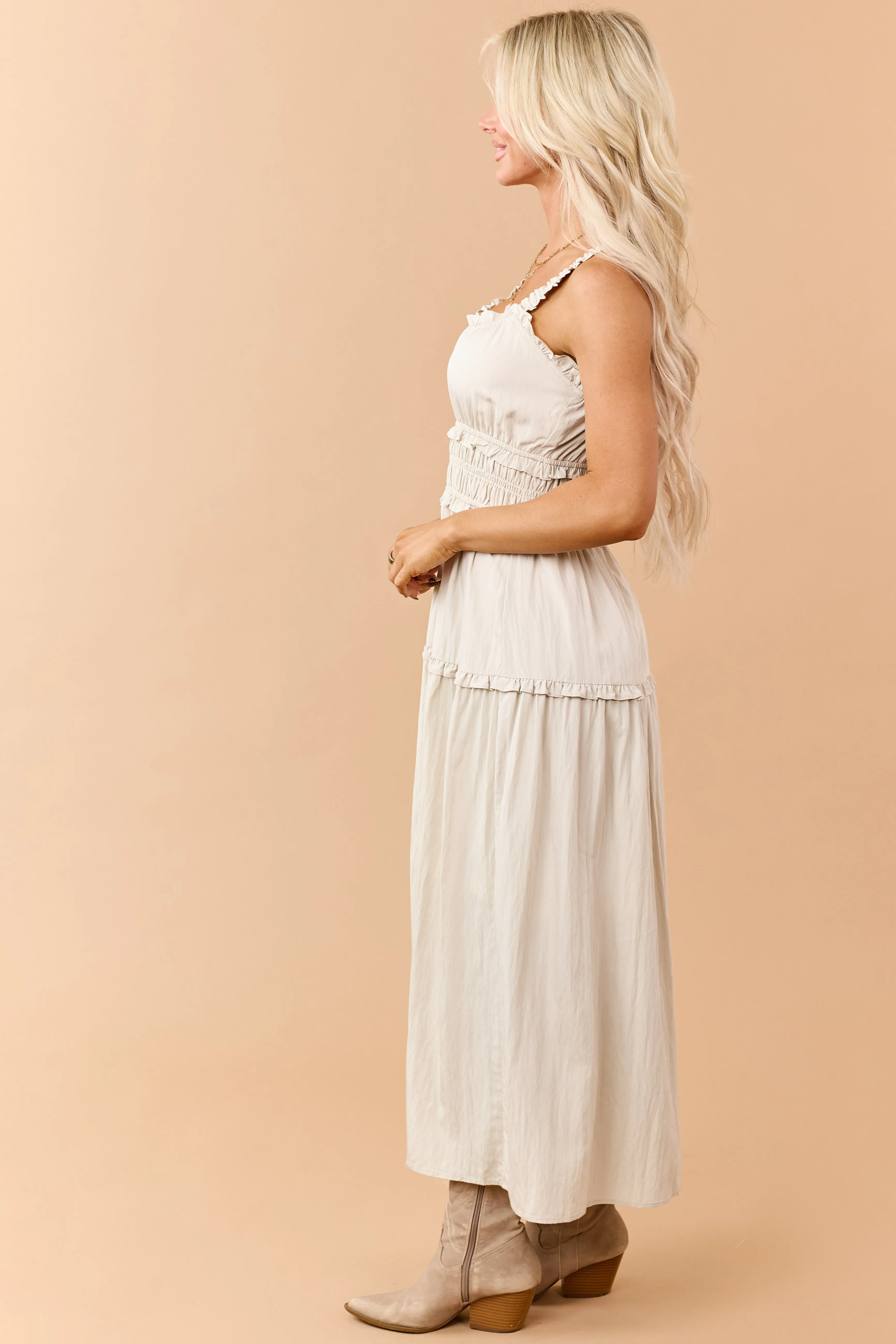 Oatmeal Ruffled Smocked Waist Sleeveless Maxi Dress sold by Lime Lush product image thumbnail 5