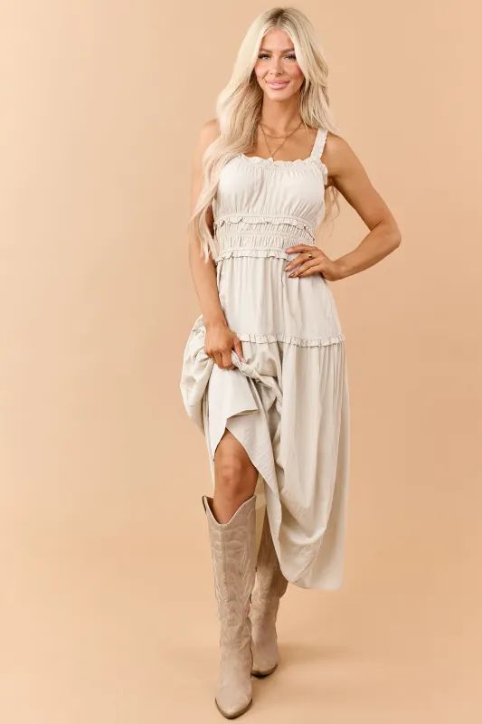 Oatmeal Ruffled Smocked Waist Sleeveless Maxi Dress made by BE COOL