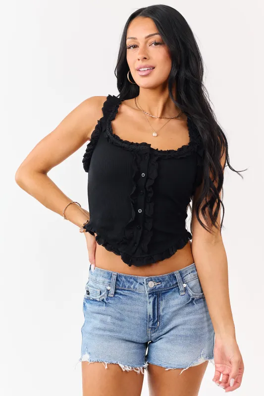 Black Rib Knit Ruffle Trim Button Down Tank Top made by HYFVE