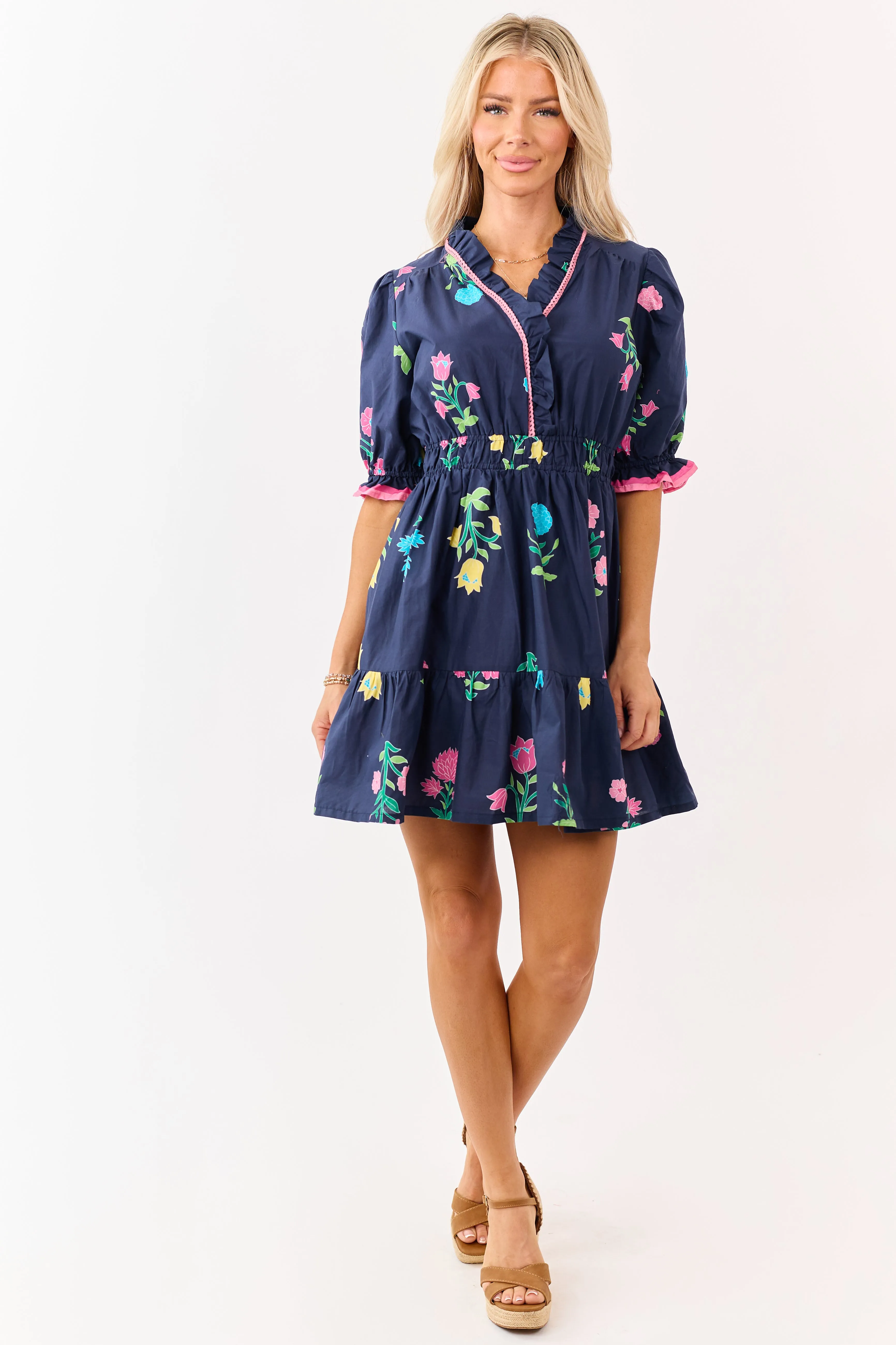 Navy Floral Print Puff Sleeve Cotton Mini Dress sold by Lime Lush product image thumbnail 3