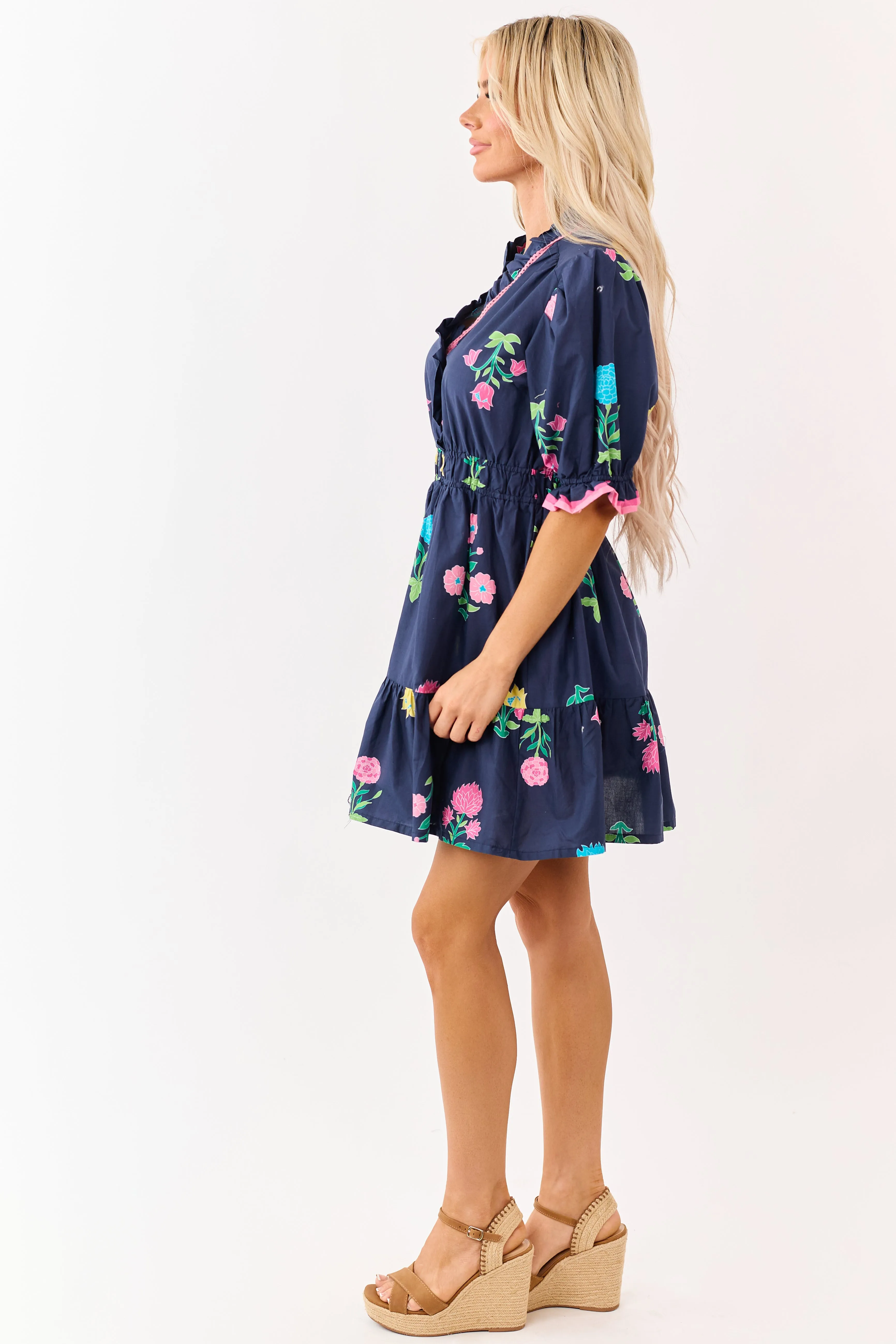 Navy Floral Print Puff Sleeve Cotton Mini Dress sold by Lime Lush product image thumbnail 4
