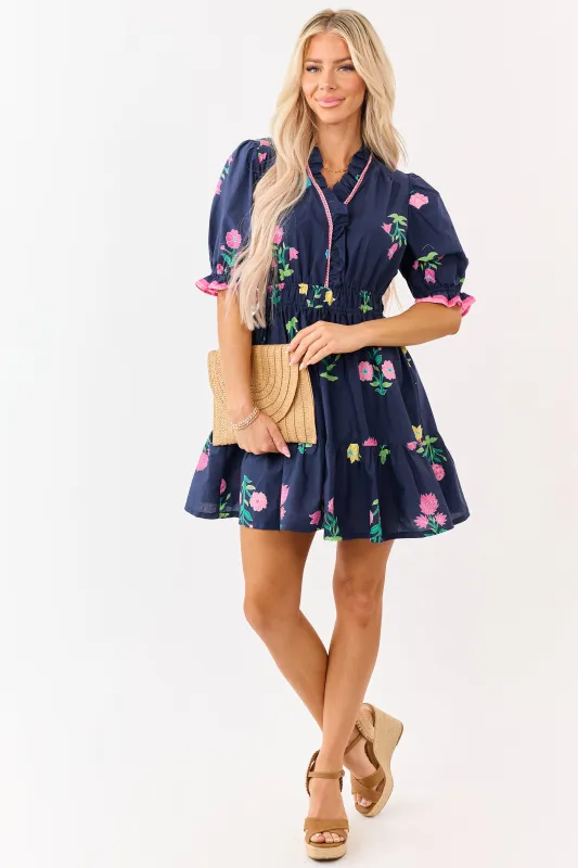Navy Floral Print Puff Sleeve Cotton Mini Dress made by Umgee