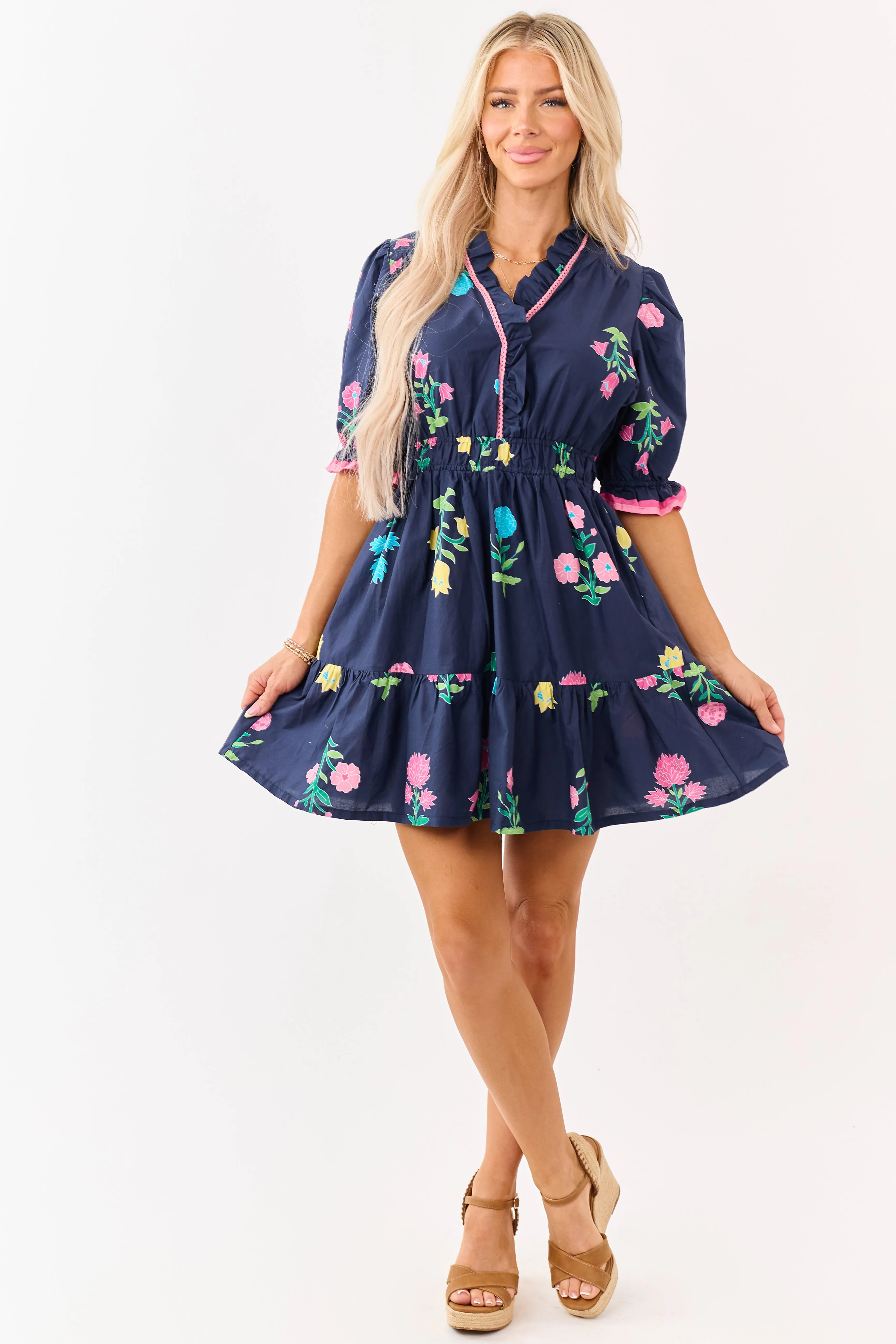 Navy Floral Print Puff Sleeve Cotton Mini Dress sold by Lime Lush product image thumbnail 2