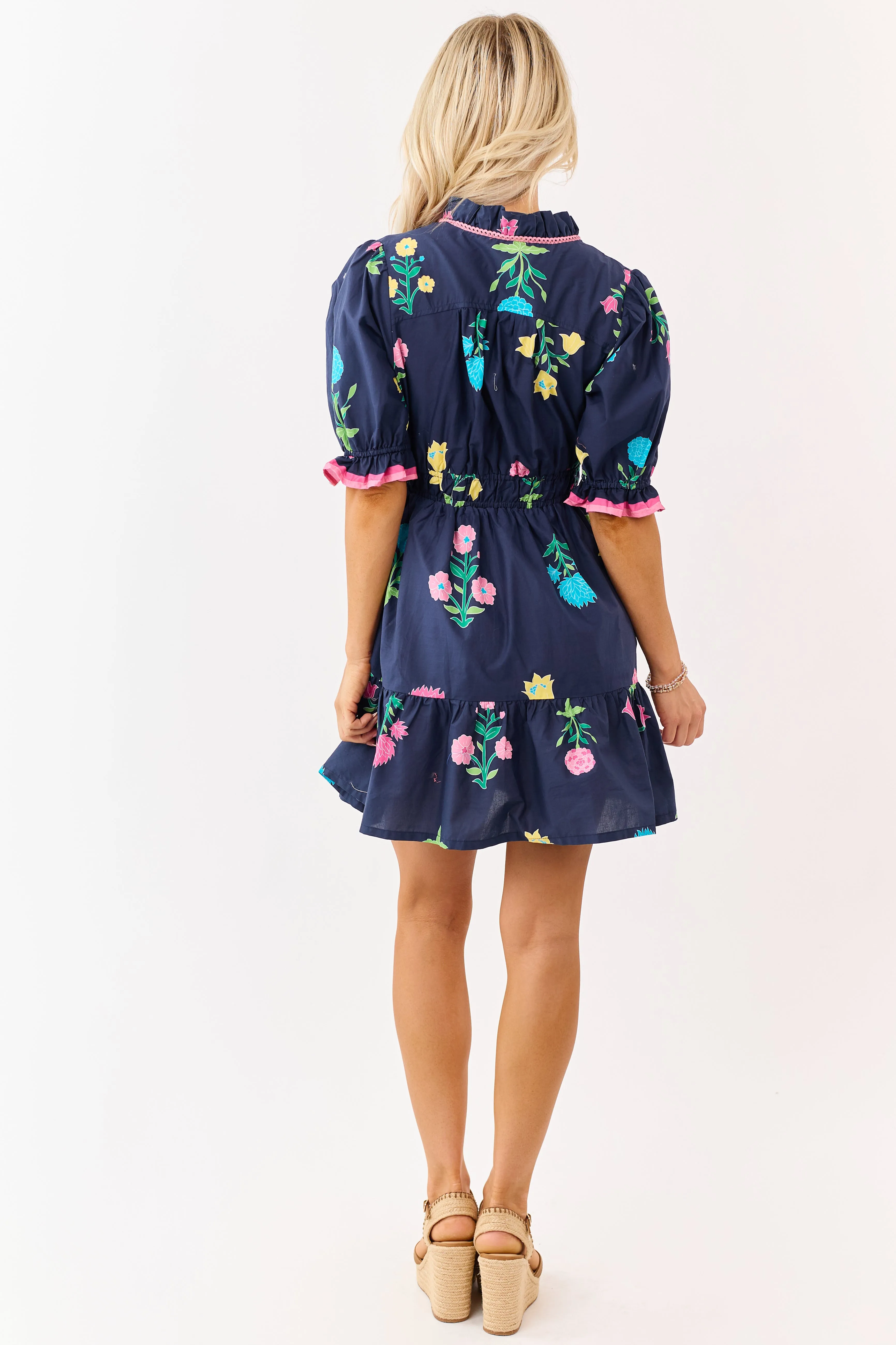 Navy Floral Print Puff Sleeve Cotton Mini Dress sold by Lime Lush product image thumbnail 5
