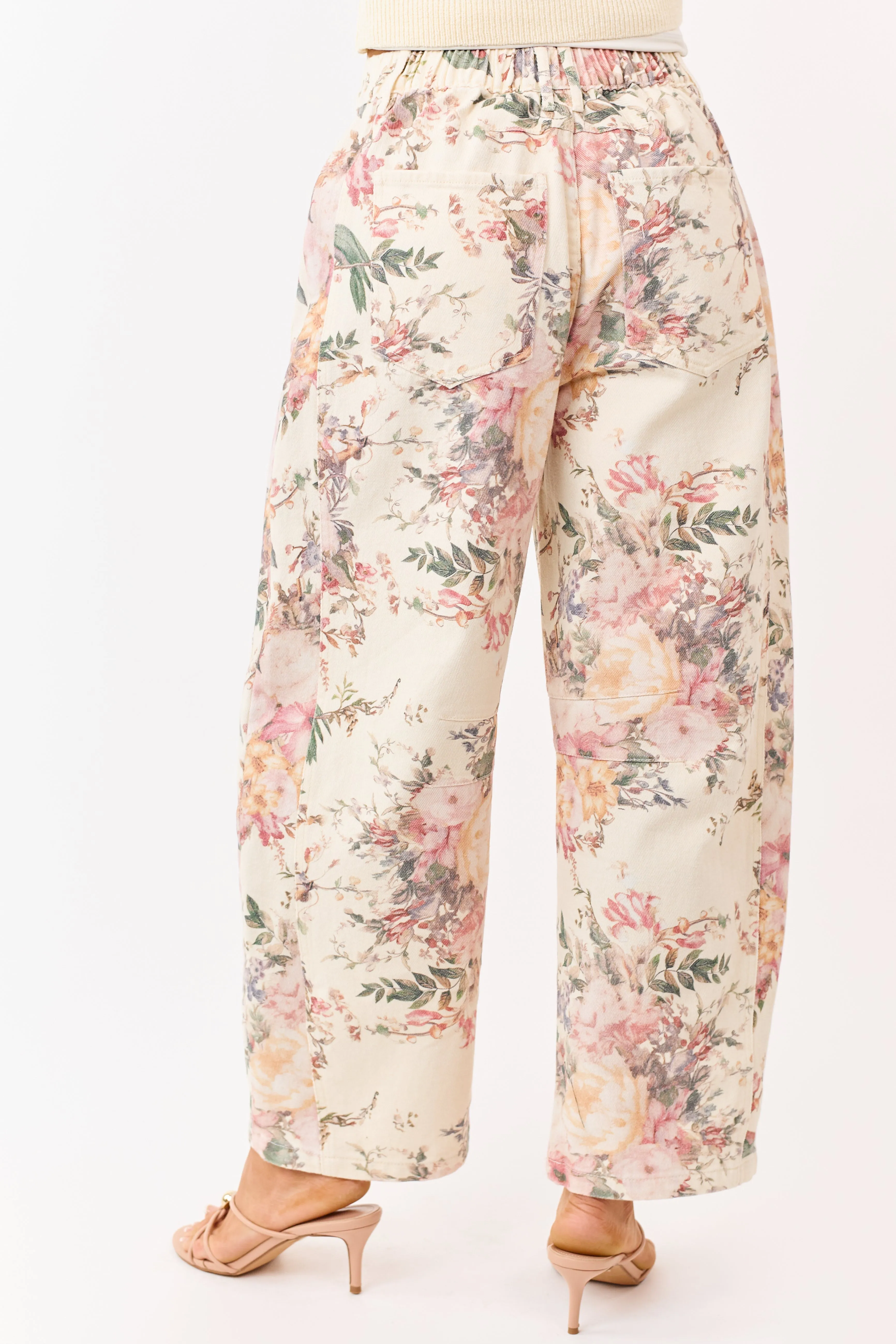 Cream Floral Print Elastic Waist Barrel Jeans sold by Lime Lush product image thumbnail 4