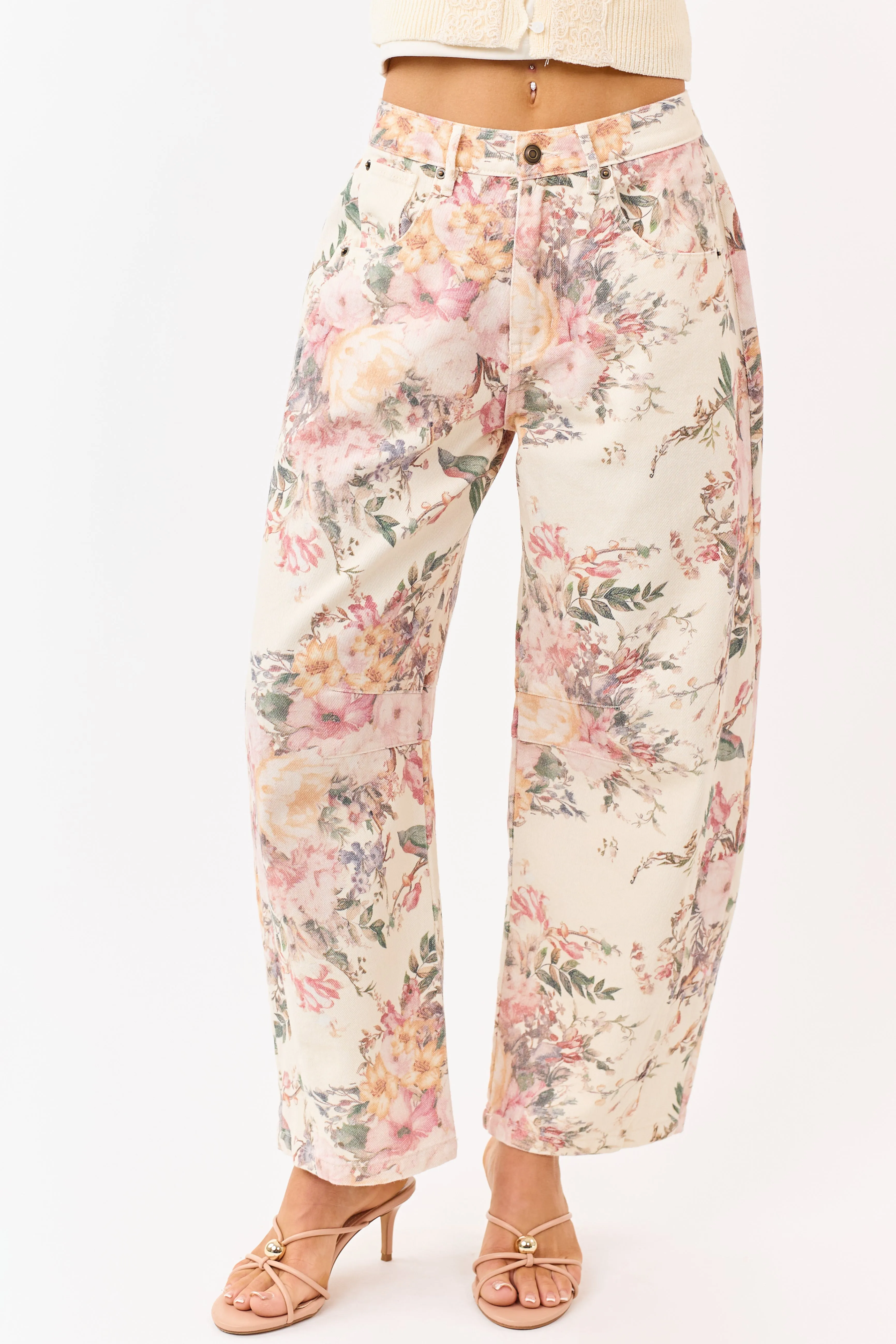 Cream Floral Print Elastic Waist Barrel Jeans sold by Lime Lush product image thumbnail 2