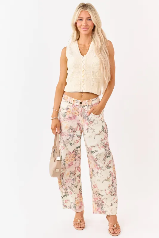 Cream Floral Print Elastic Waist Barrel Jeans made by mittoshop