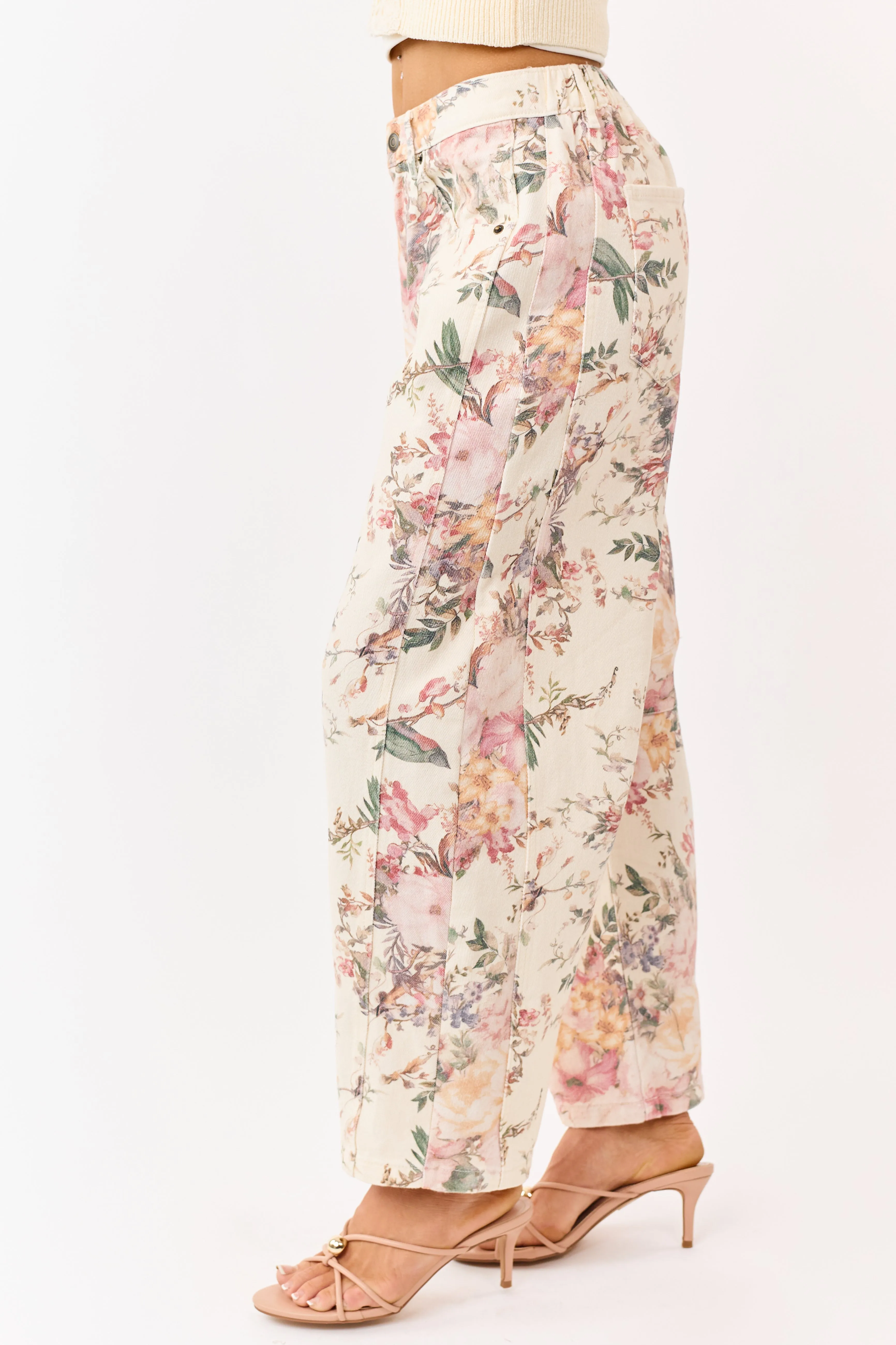 Cream Floral Print Elastic Waist Barrel Jeans sold by Lime Lush product image thumbnail 3