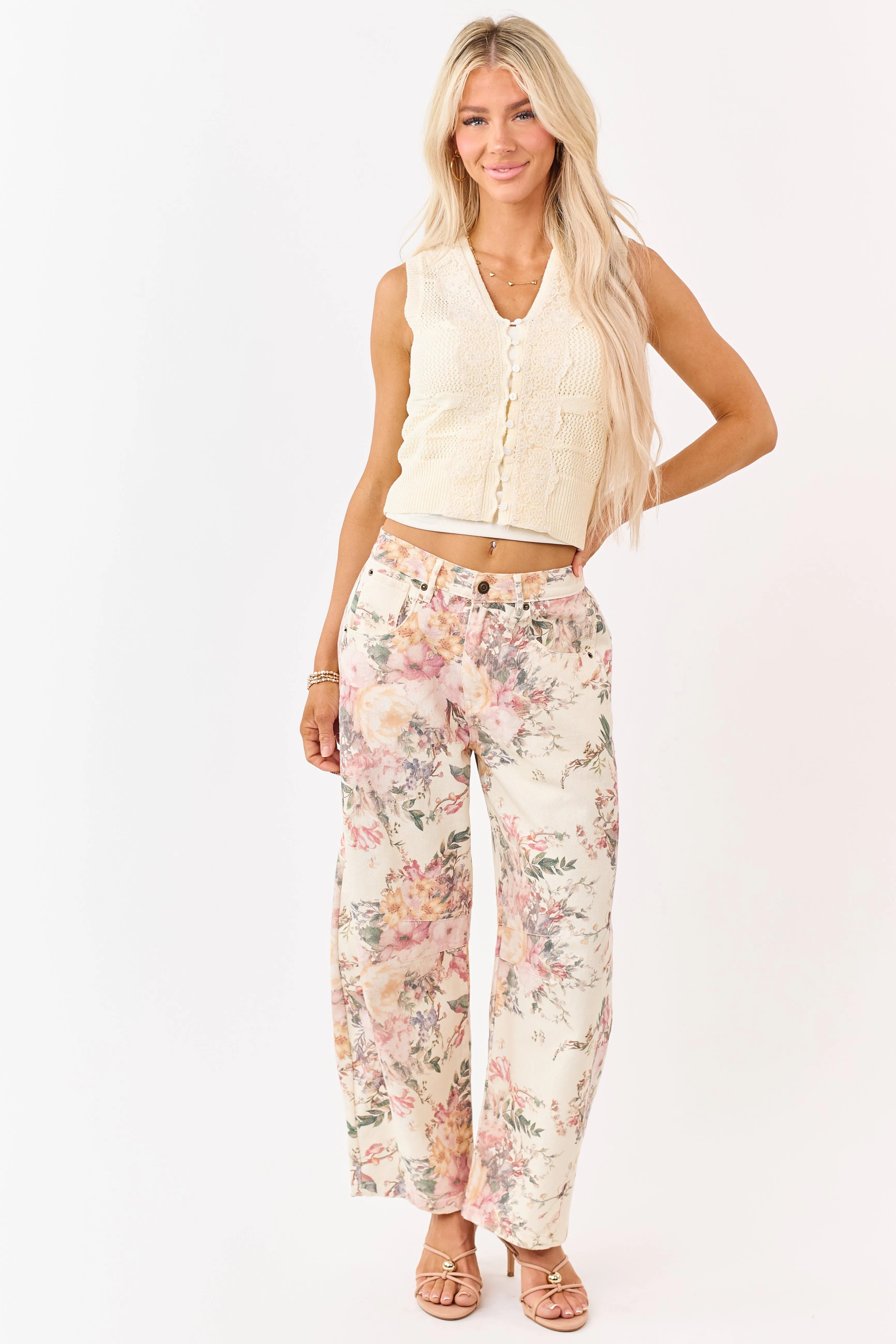 Cream Floral Print Elastic Waist Barrel Jeans sold by Lime Lush product image thumbnail 5