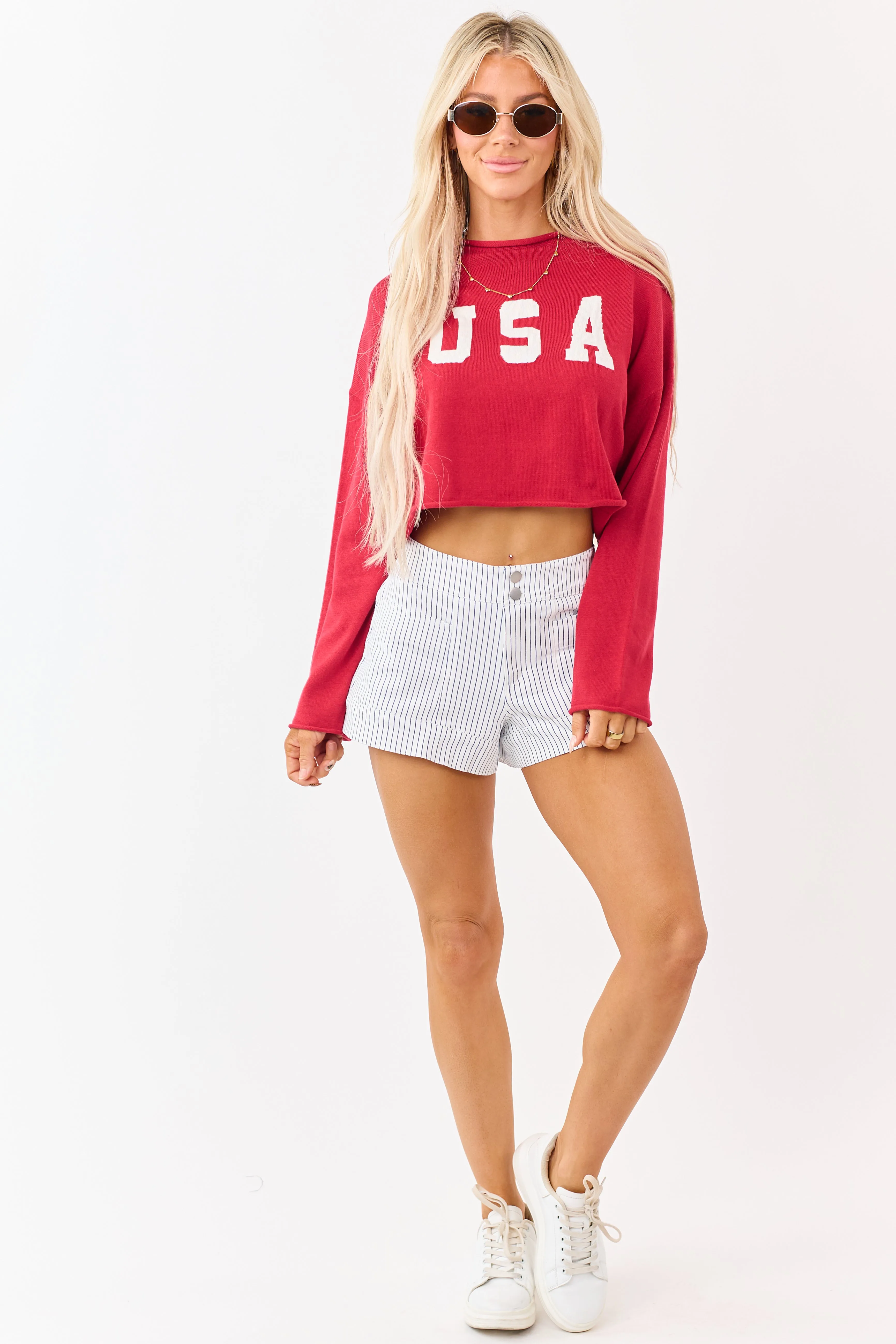 Off White Striped High Rise Stretchy Denim Shorts sold by Lime Lush product image thumbnail 5