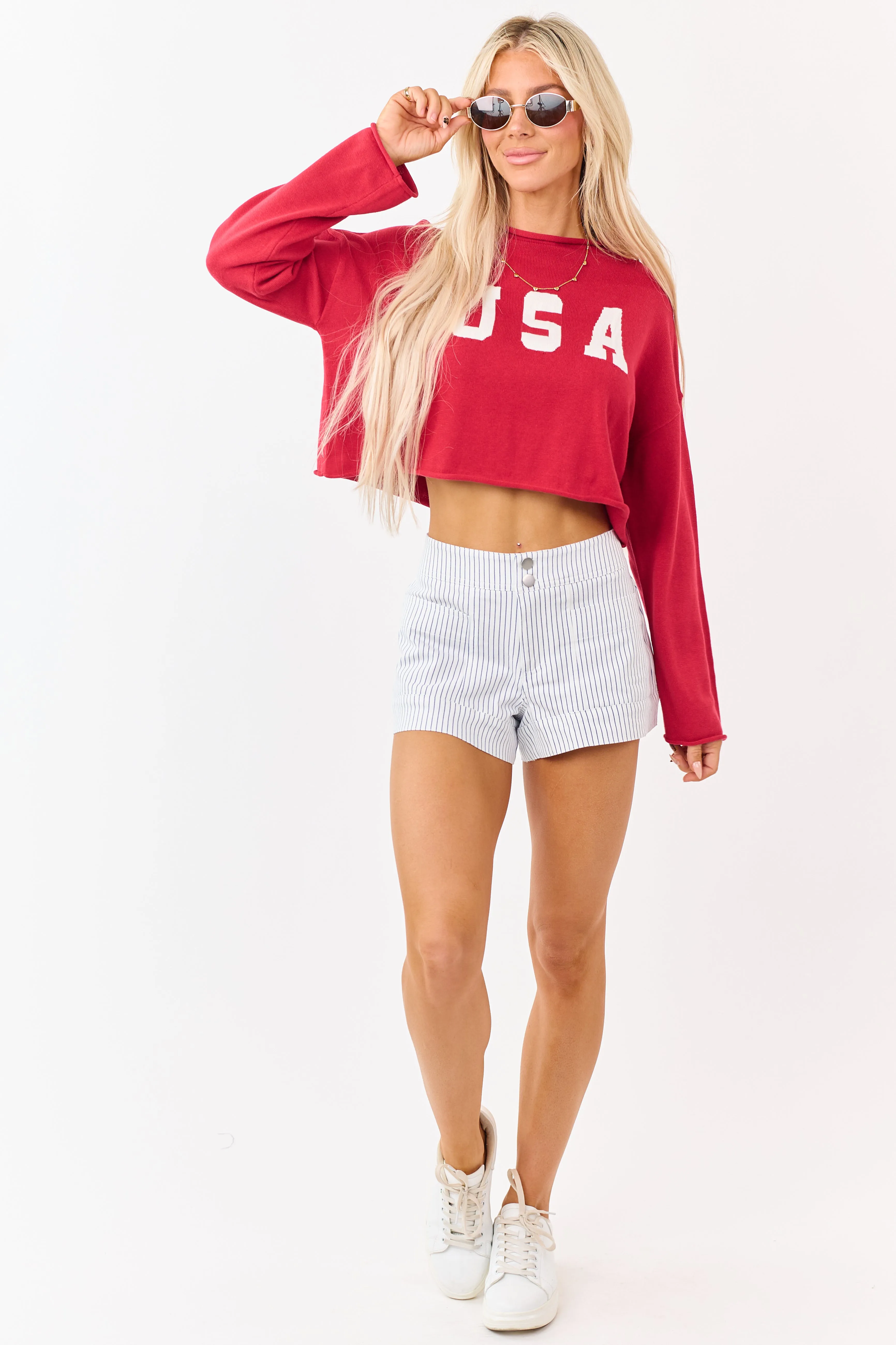 Off White Striped High Rise Stretchy Denim Shorts sold by Lime Lush product image thumbnail 2