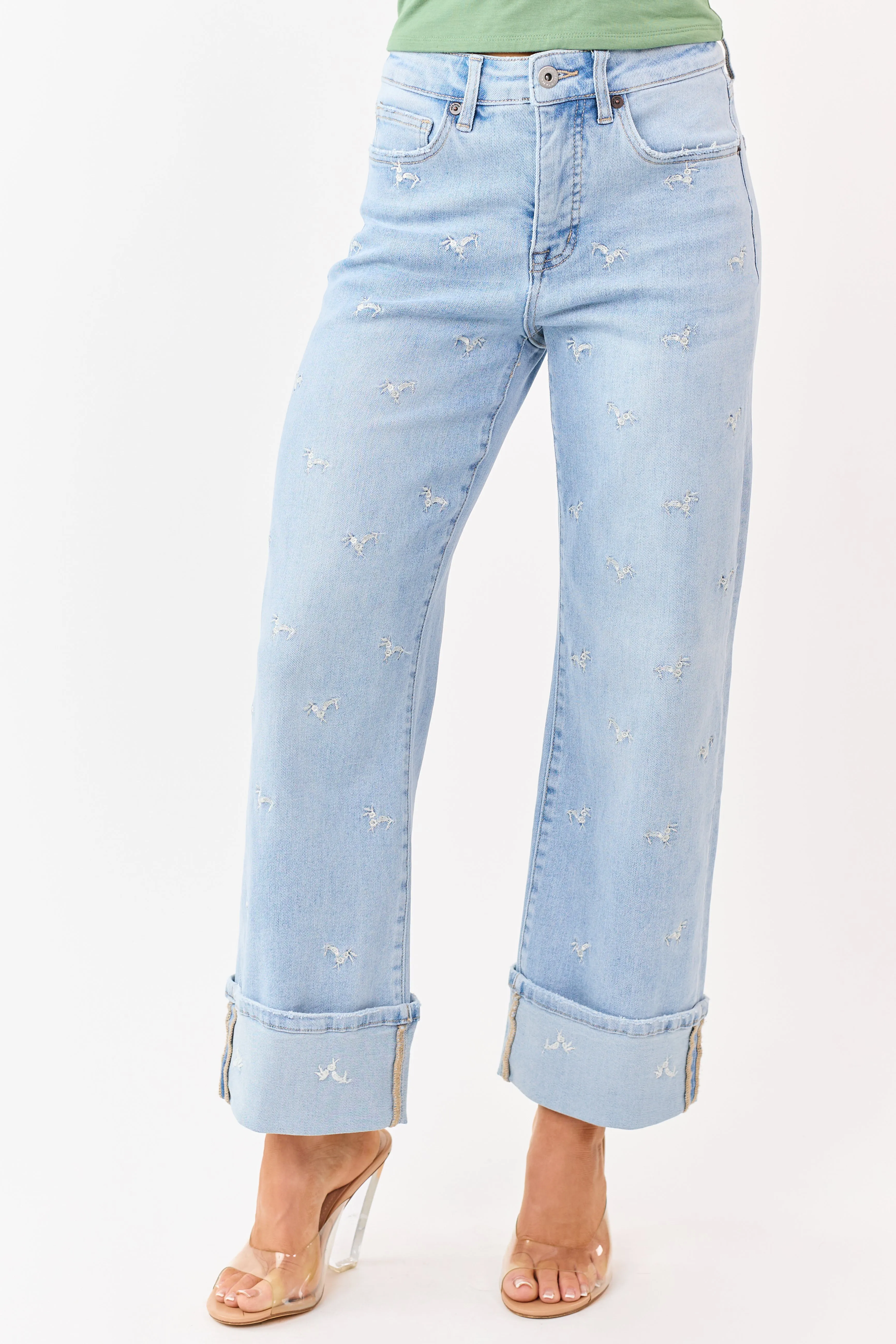 Mica Denim Light Embroidered Tummy Control Wide Jeans sold by Lime Lush product image thumbnail 3