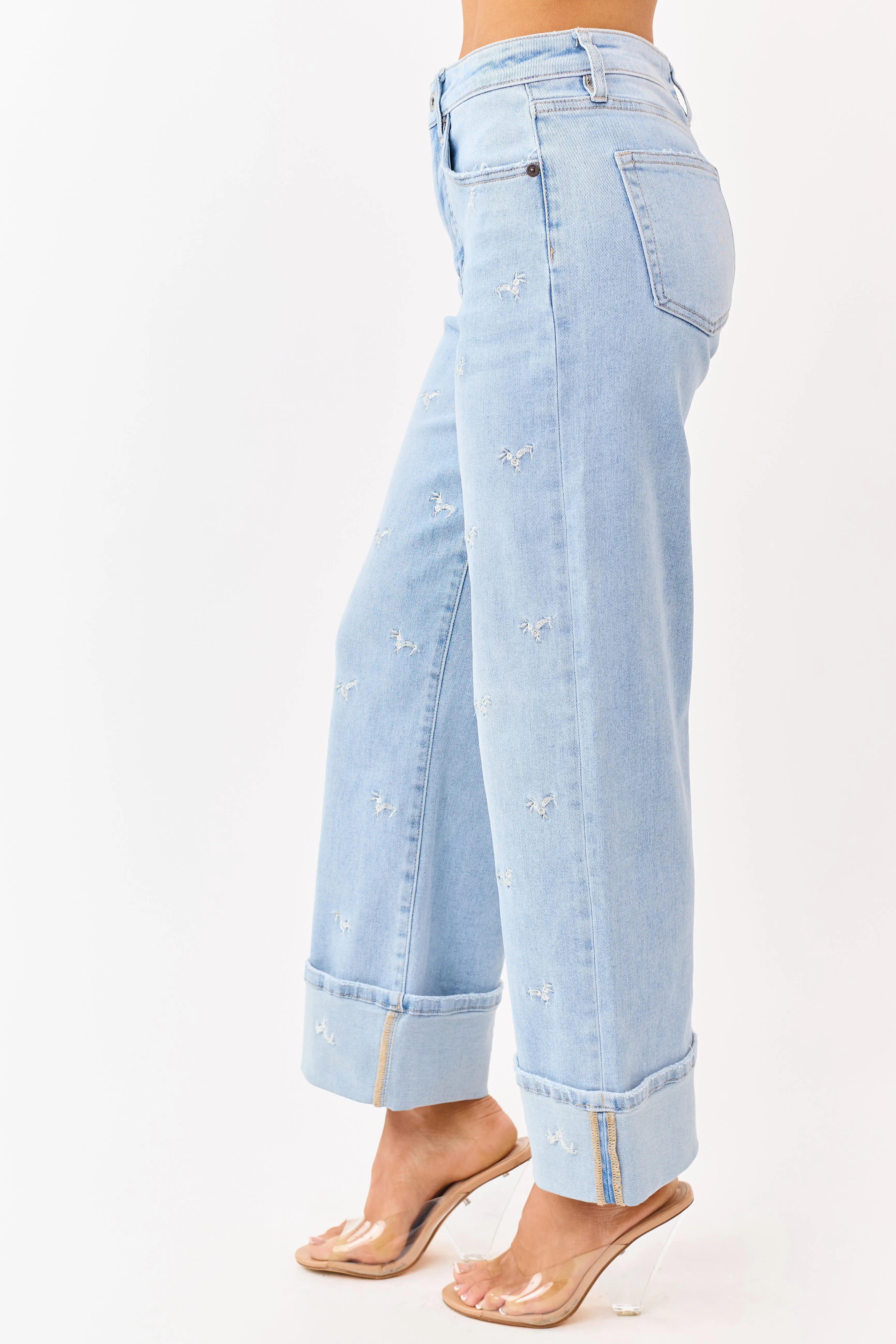 Mica Denim Light Embroidered Tummy Control Wide Jeans sold by Lime Lush product image thumbnail 4