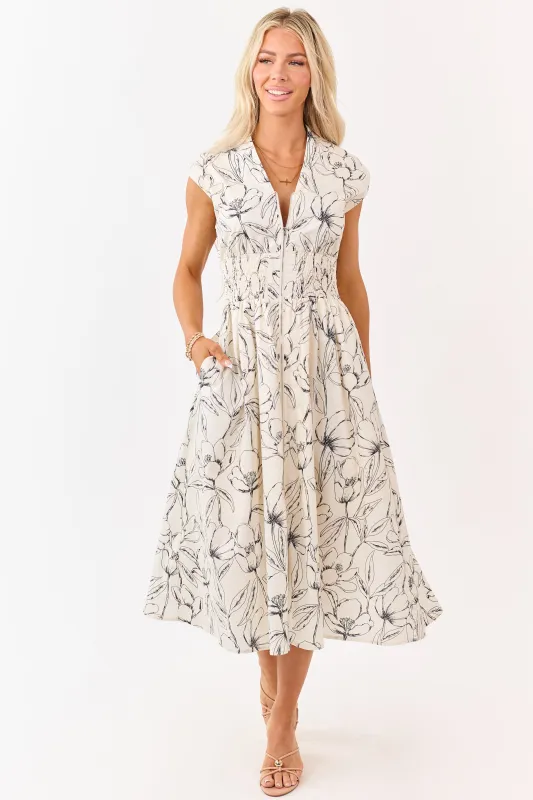 She+Sky Cream Floral Print Cotton Zip Up Midi Dress made by She and Sky