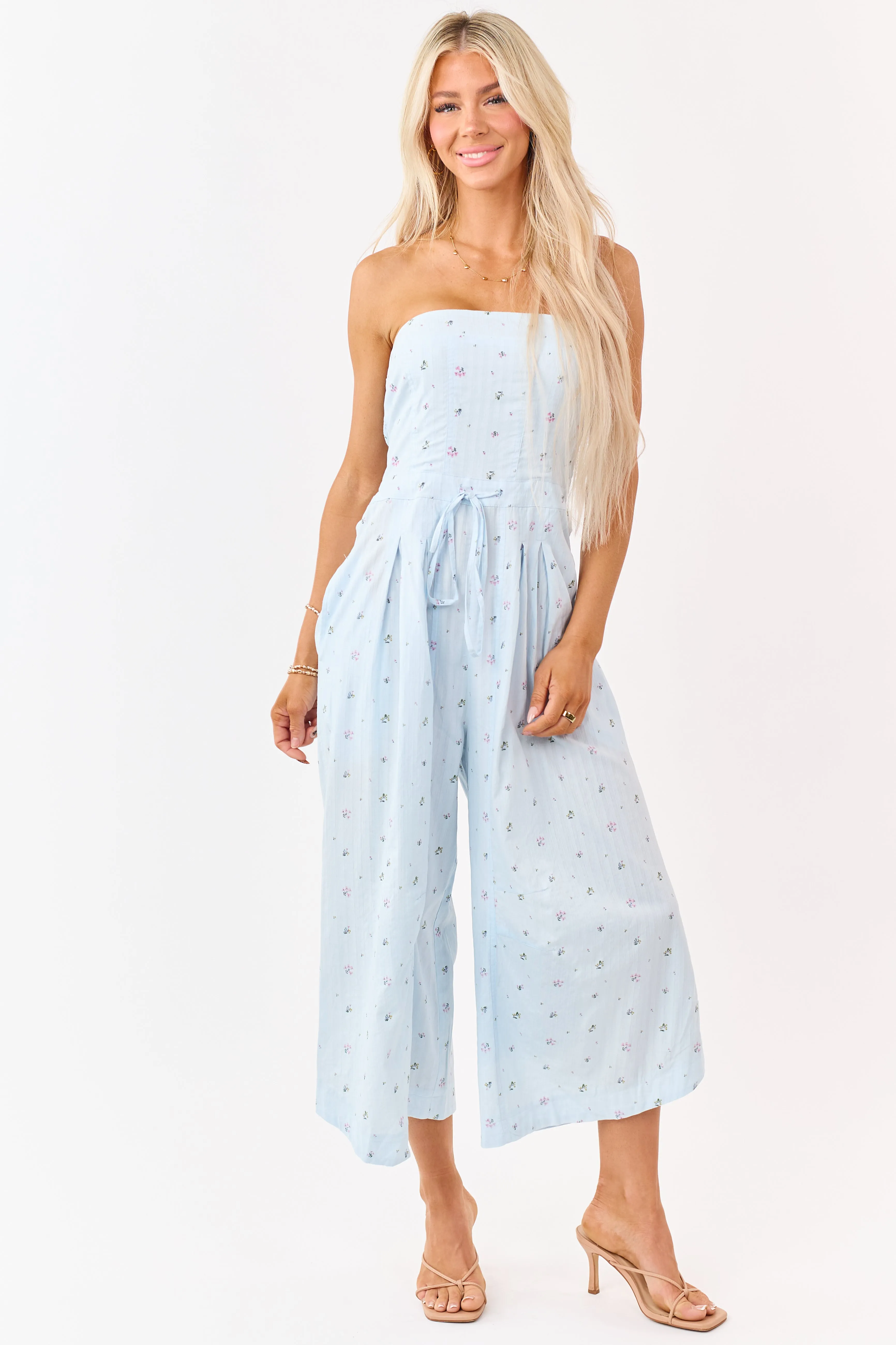 Pastel Blue Cotton Floral Print Strapless Jumpsuit sold by Lime Lush product image thumbnail 3