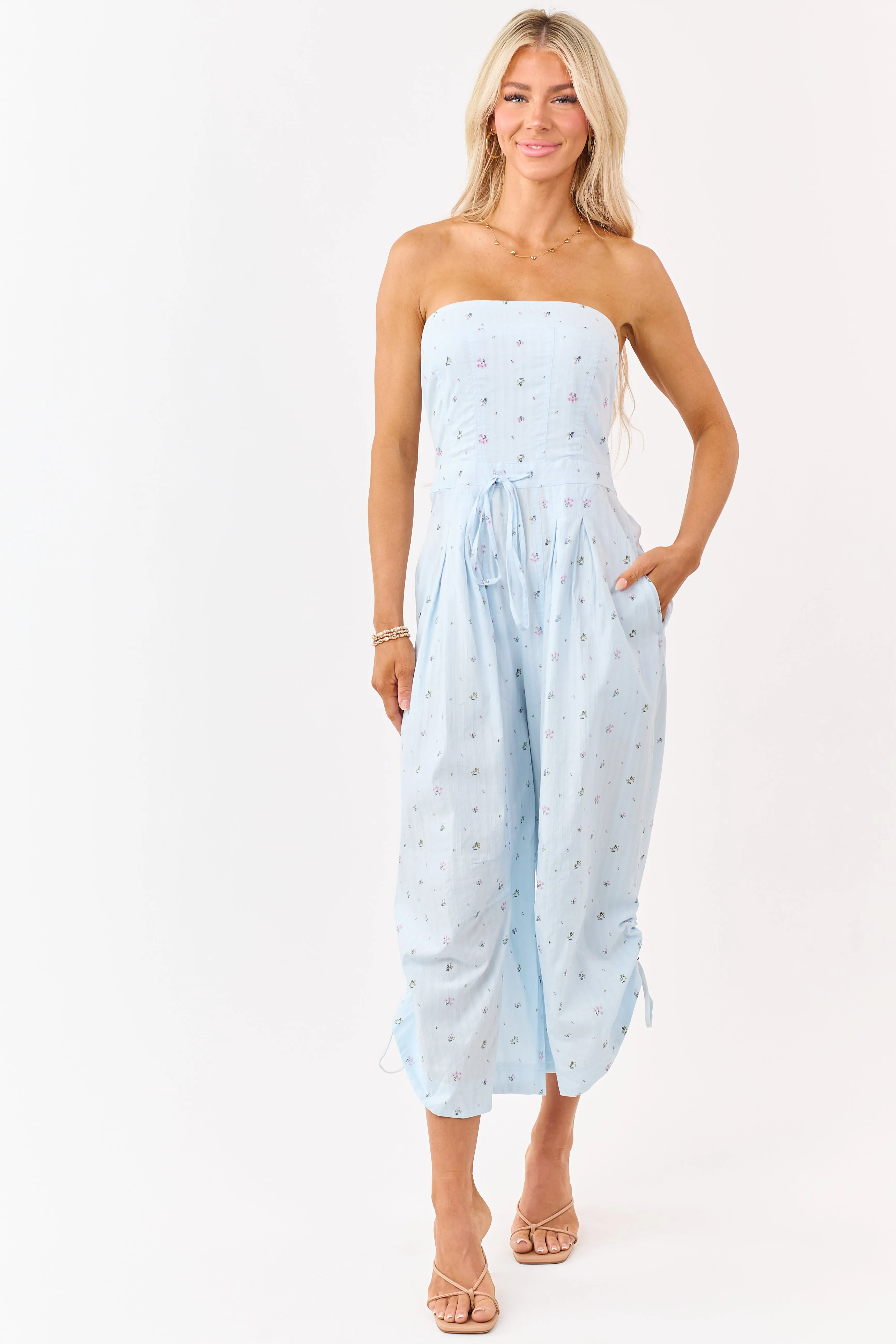 Pastel Blue Cotton Floral Print Strapless Jumpsuit sold by Lime Lush product image thumbnail 2