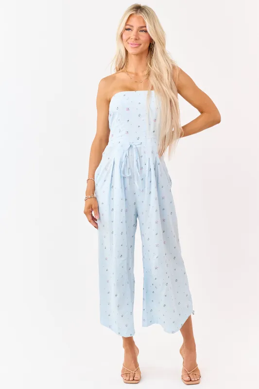 Pastel Blue Cotton Floral Print Strapless Jumpsuit made by Klesis