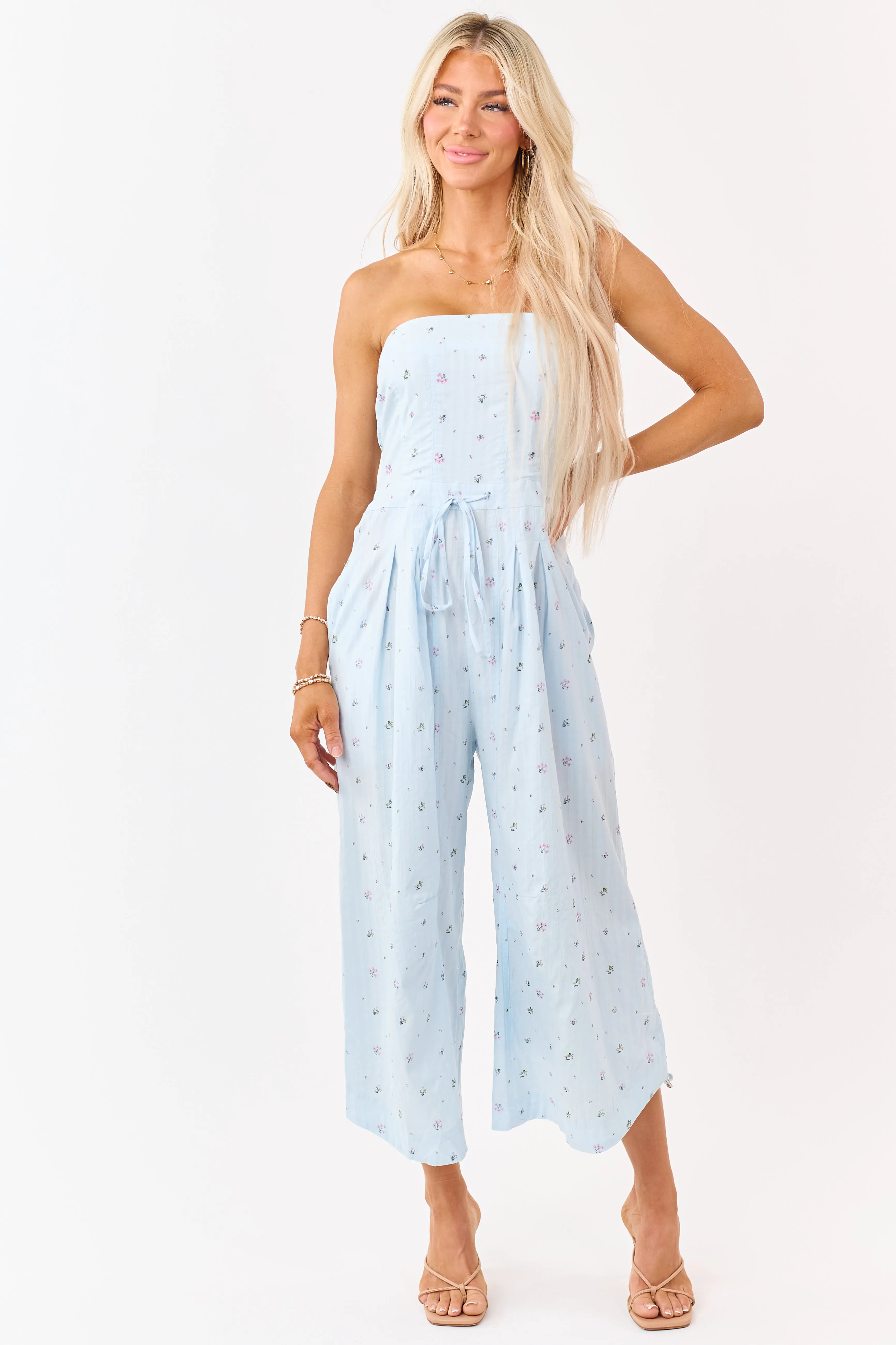 Pastel Blue Cotton Floral Print Strapless Jumpsuit sold by Lime Lush