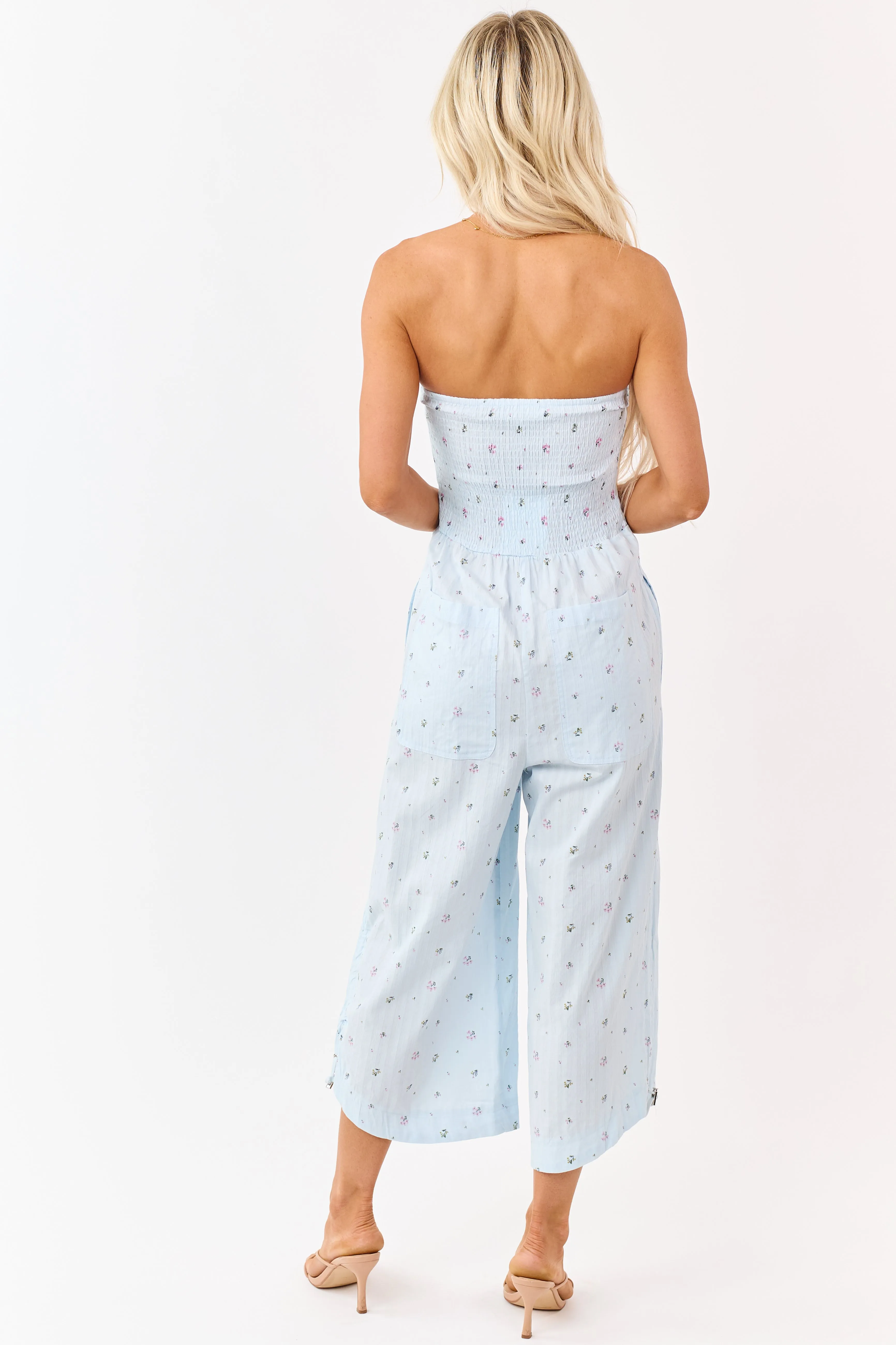 Pastel Blue Cotton Floral Print Strapless Jumpsuit sold by Lime Lush product image thumbnail 5