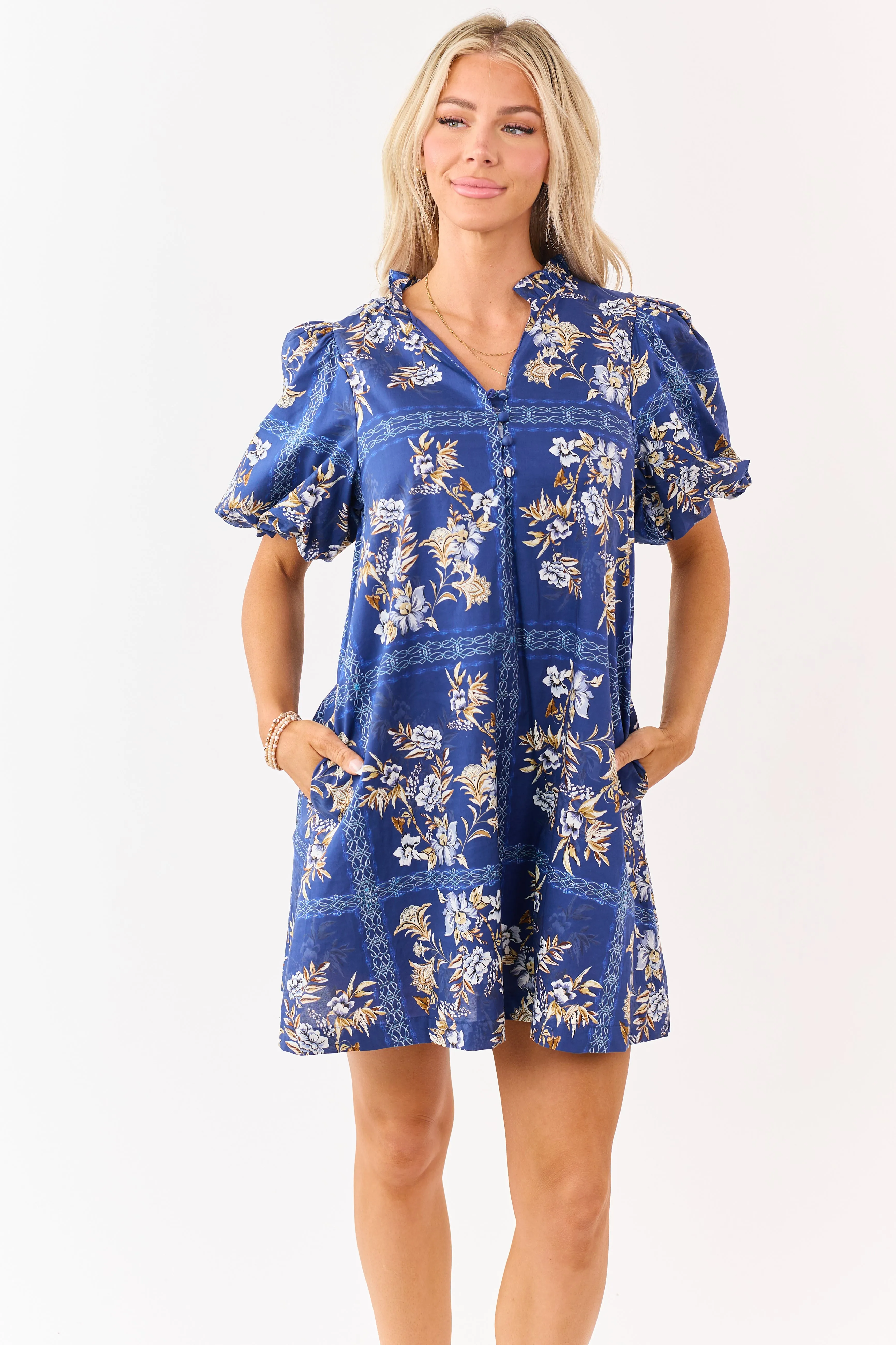 Entro Navy Cotton Floral Puff Sleeve Mini Dress sold by Lime Lush product image thumbnail 3