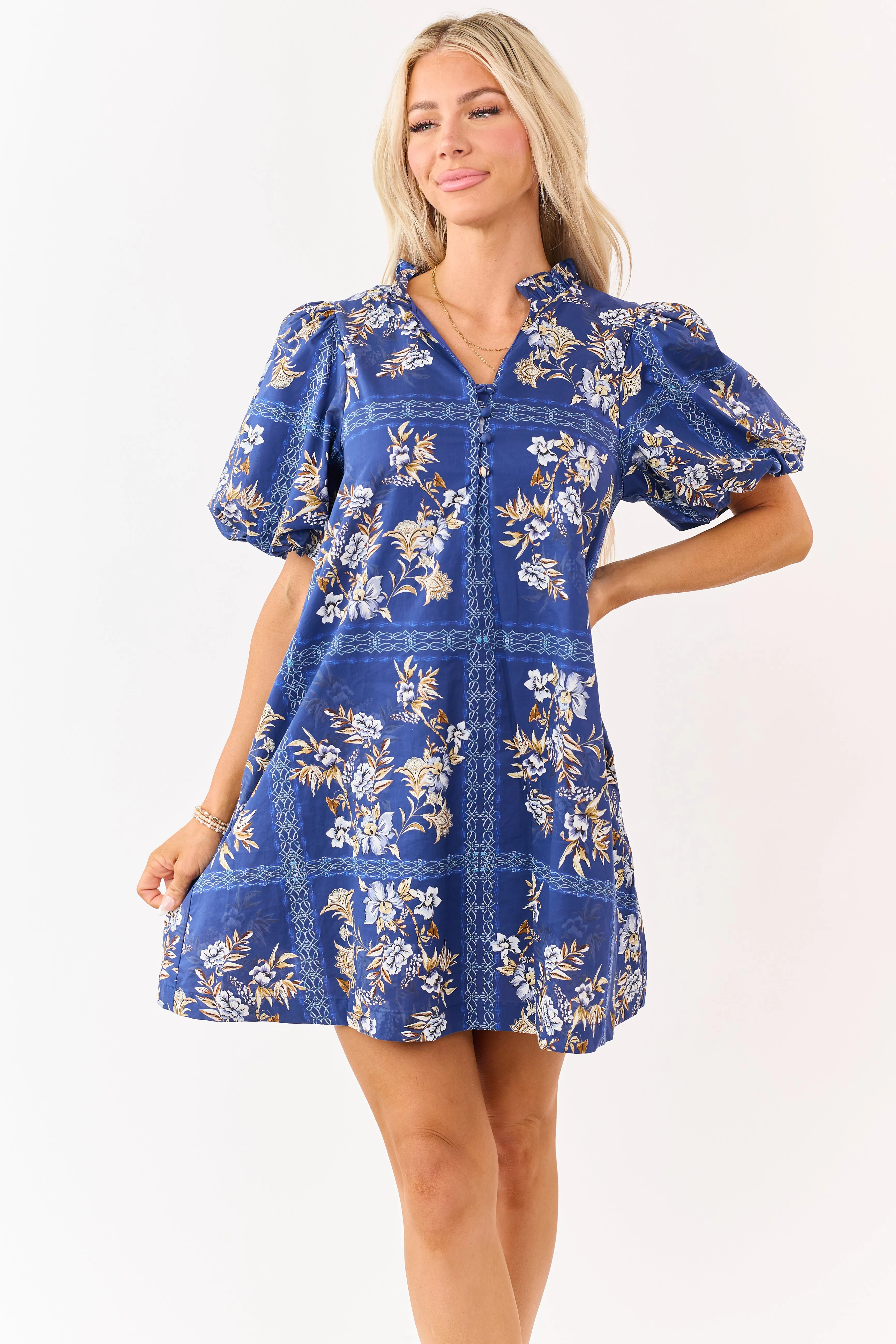 Entro Navy Cotton Floral Puff Sleeve Mini Dress sold by Lime Lush product image thumbnail 4