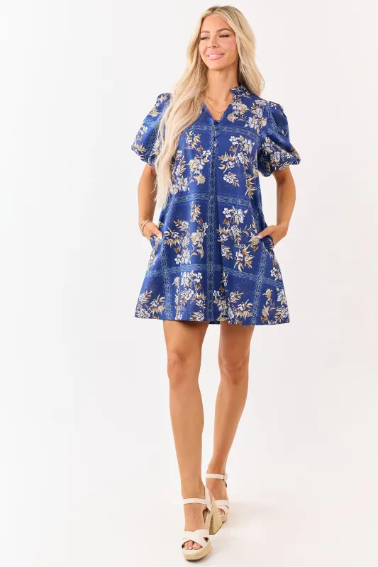 Entro Navy Cotton Floral Puff Sleeve Mini Dress made by entro