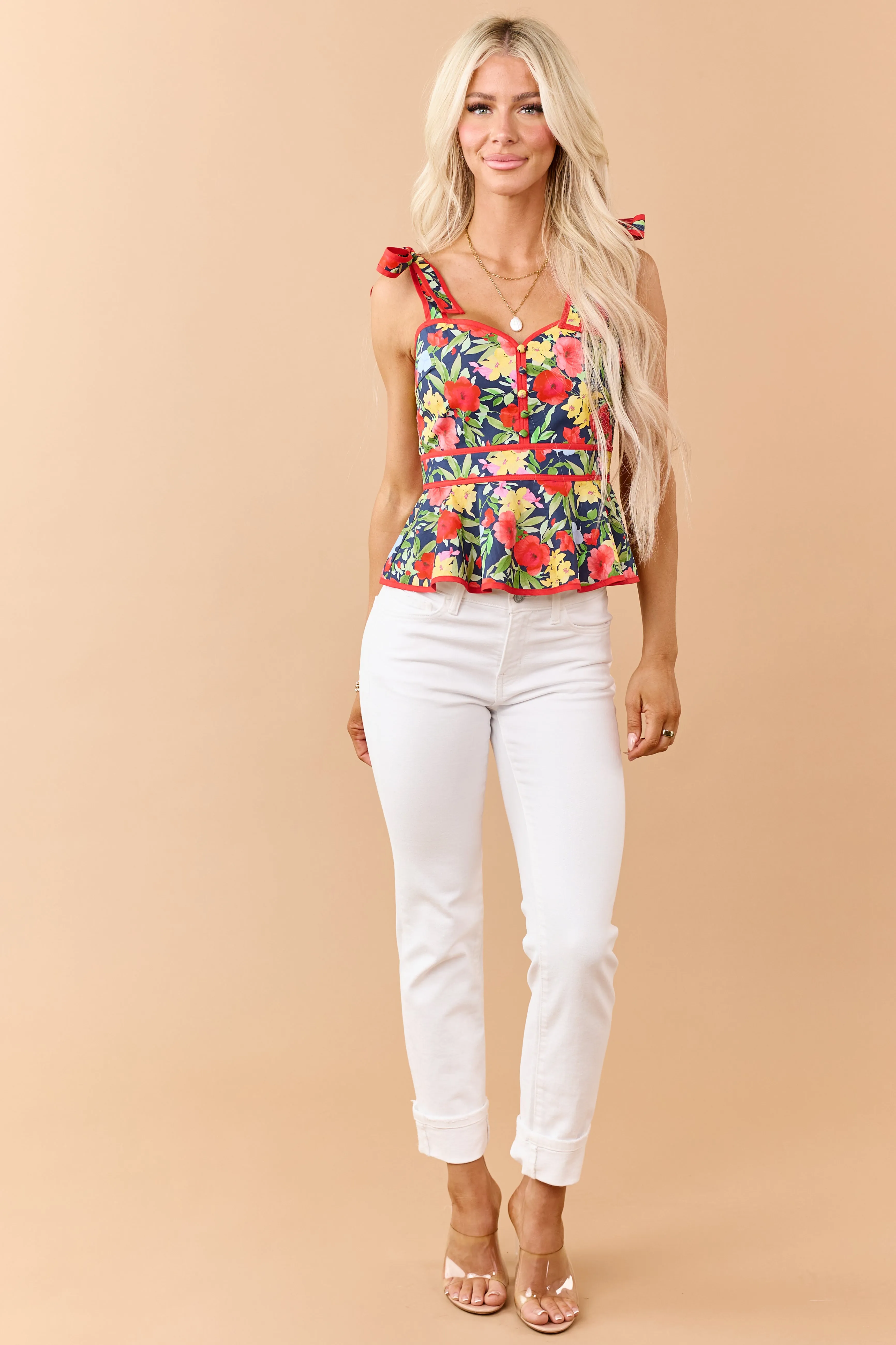 Entro Navy Cotton Floral Print Peplum Tank Top sold by Lime Lush product image thumbnail 3