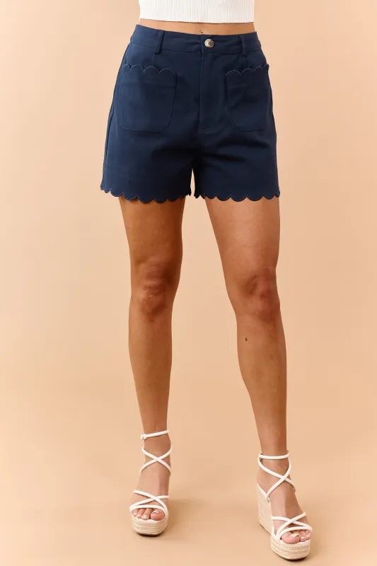Entro Navy Scalloped Trim Cotton Knit Shorts made by entro