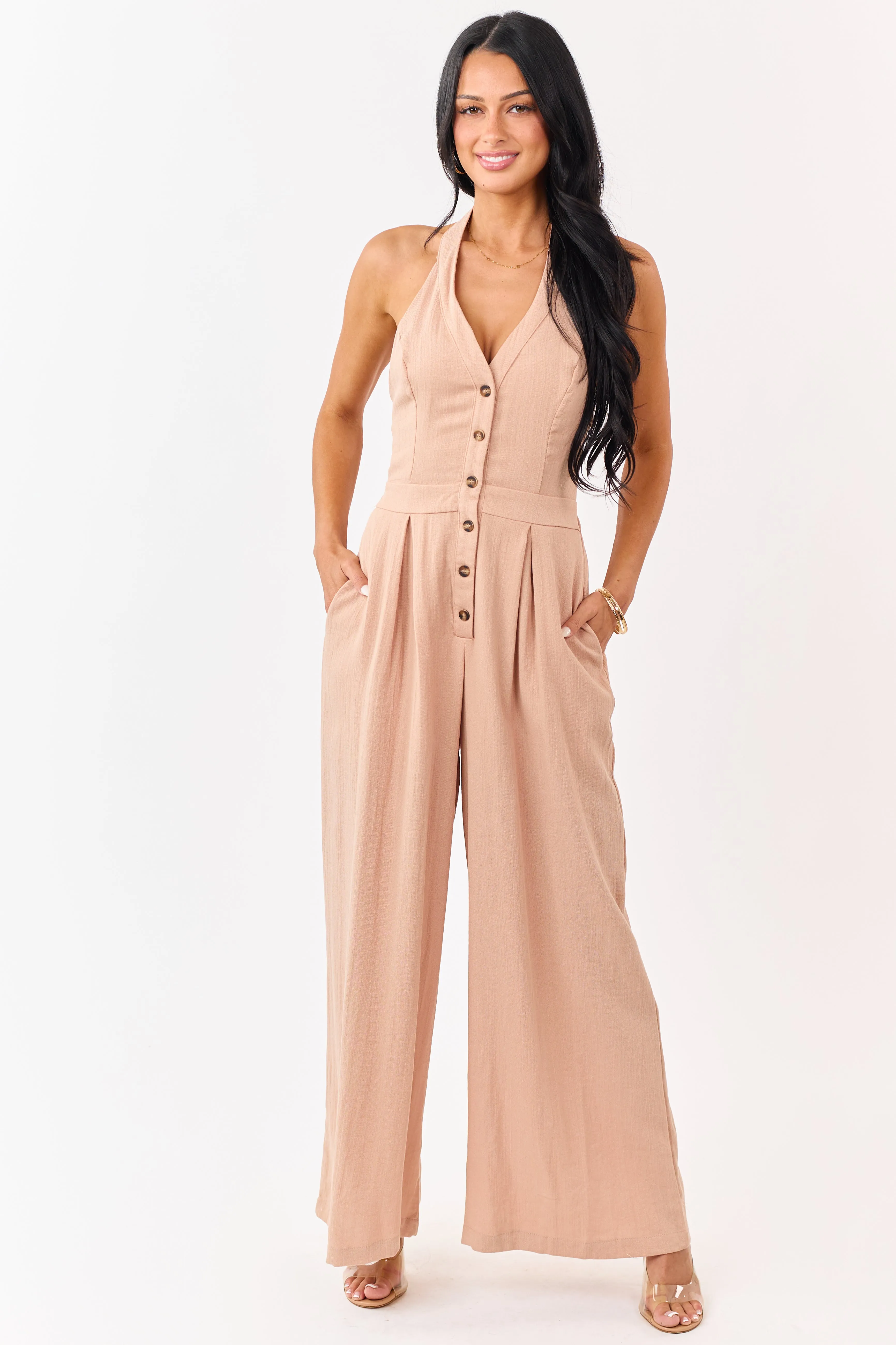 Nude Halter Neck Buttoned Wide Leg Jumpsuit sold by Lime Lush