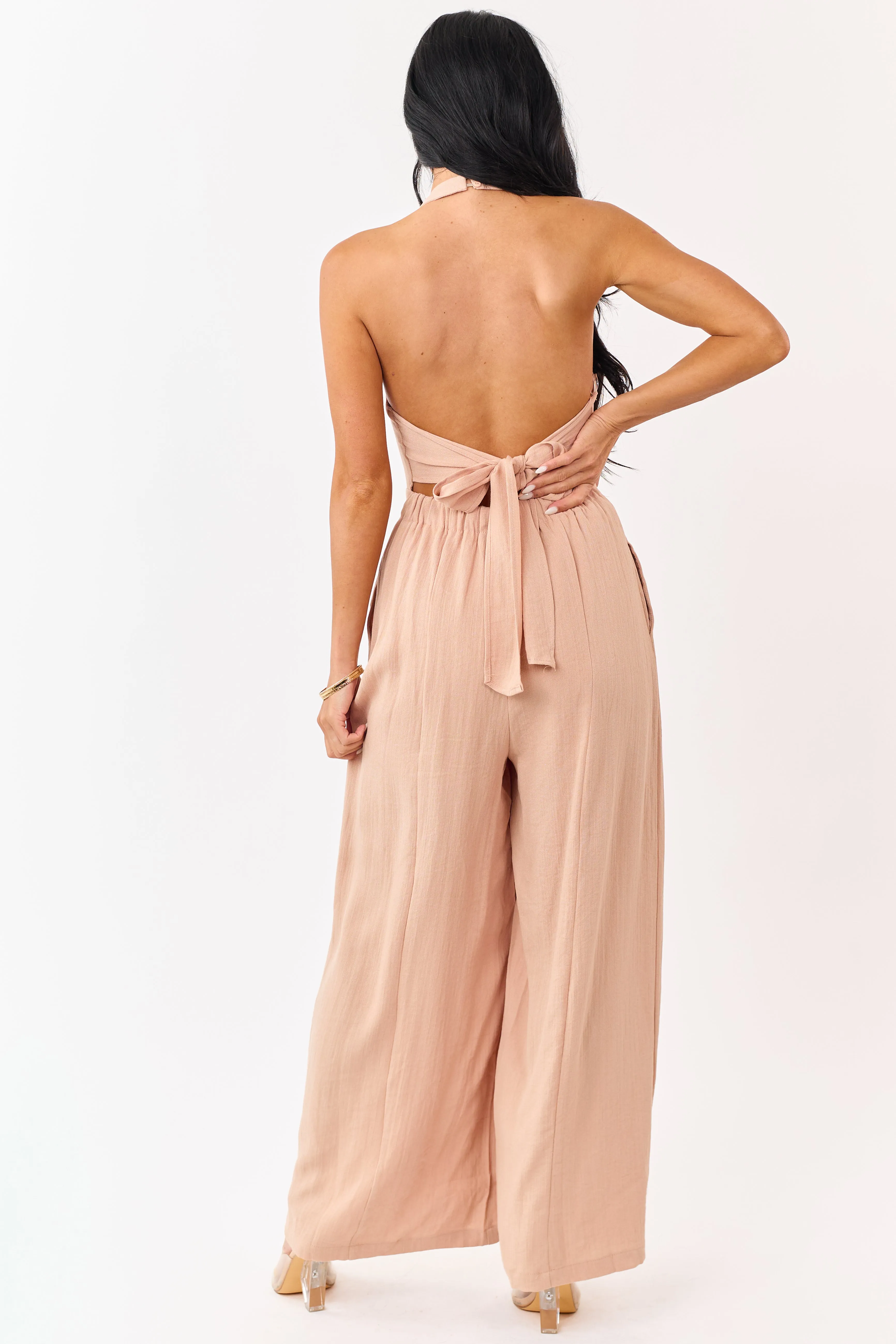 Nude Halter Neck Buttoned Wide Leg Jumpsuit sold by Lime Lush product image thumbnail 4