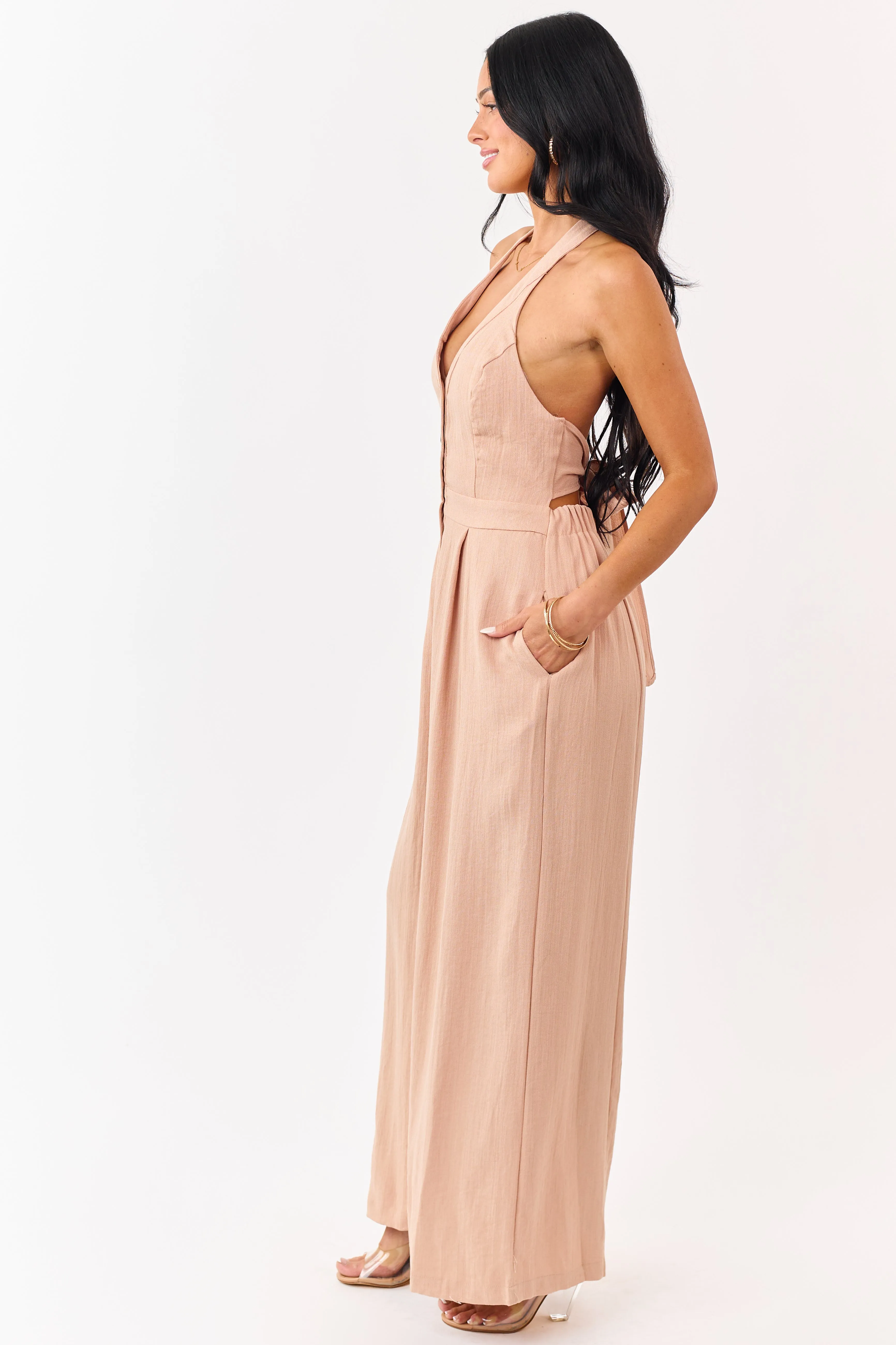 Nude Halter Neck Buttoned Wide Leg Jumpsuit sold by Lime Lush product image thumbnail 3