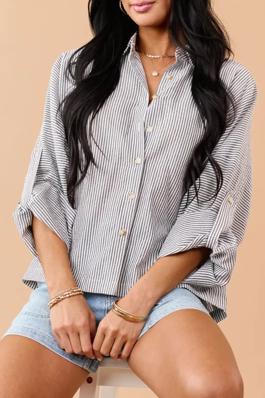 Black Striped Button Down Long Sleeve Top made by HYFVE
