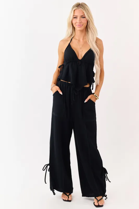Black Side Tie Cotton Gauze Wide Leg Pants made by HYFVE