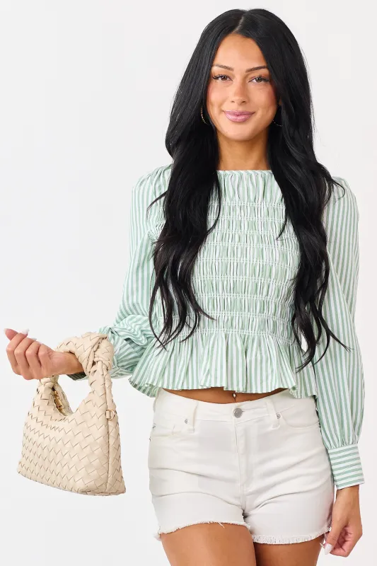 Entro Pistachio Striped Smocked Long Sleeve Top made by entro