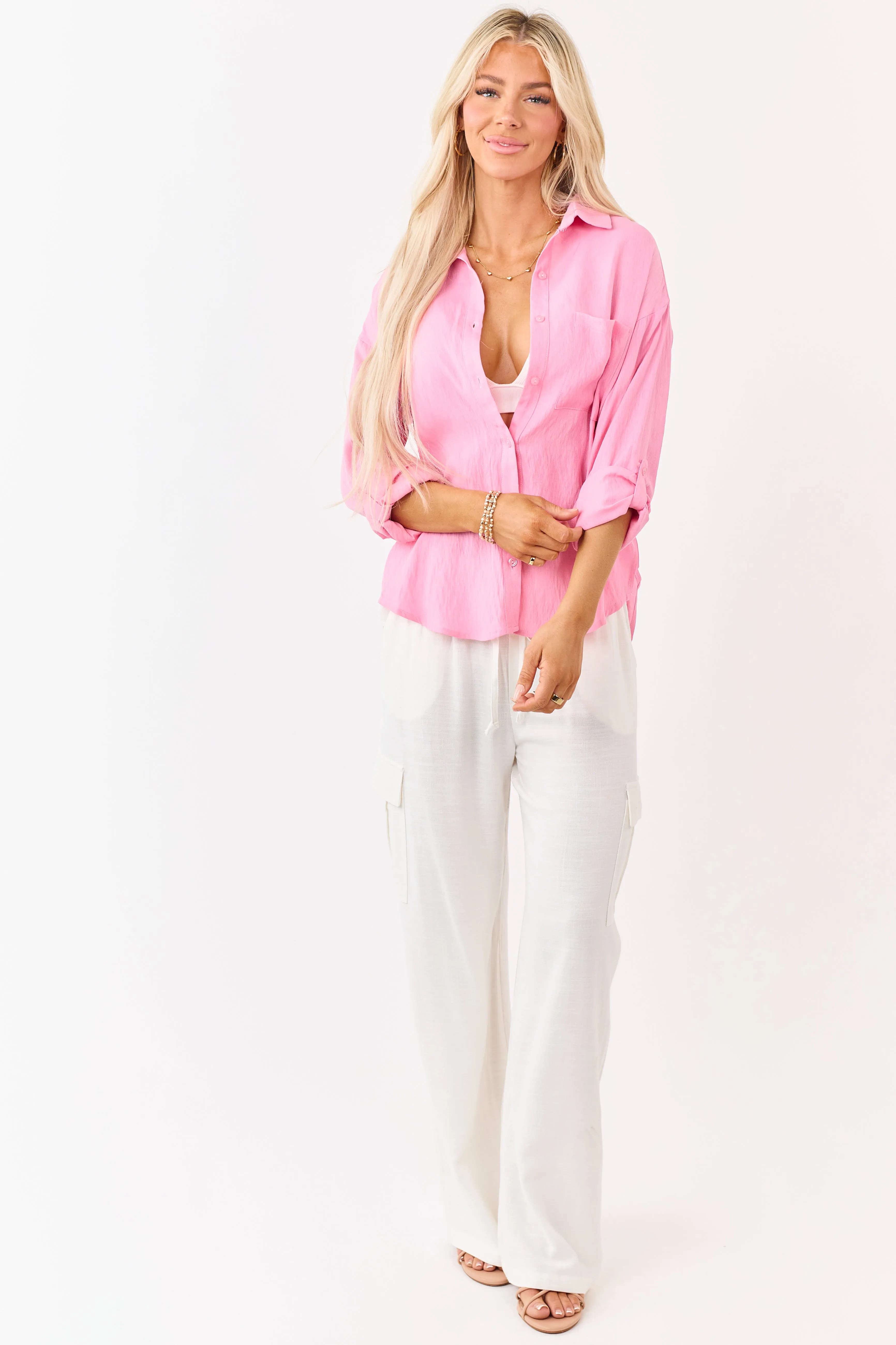 Bubblegum Button Down Side Slit Long Sleeve Top sold by Lime Lush product image thumbnail 2